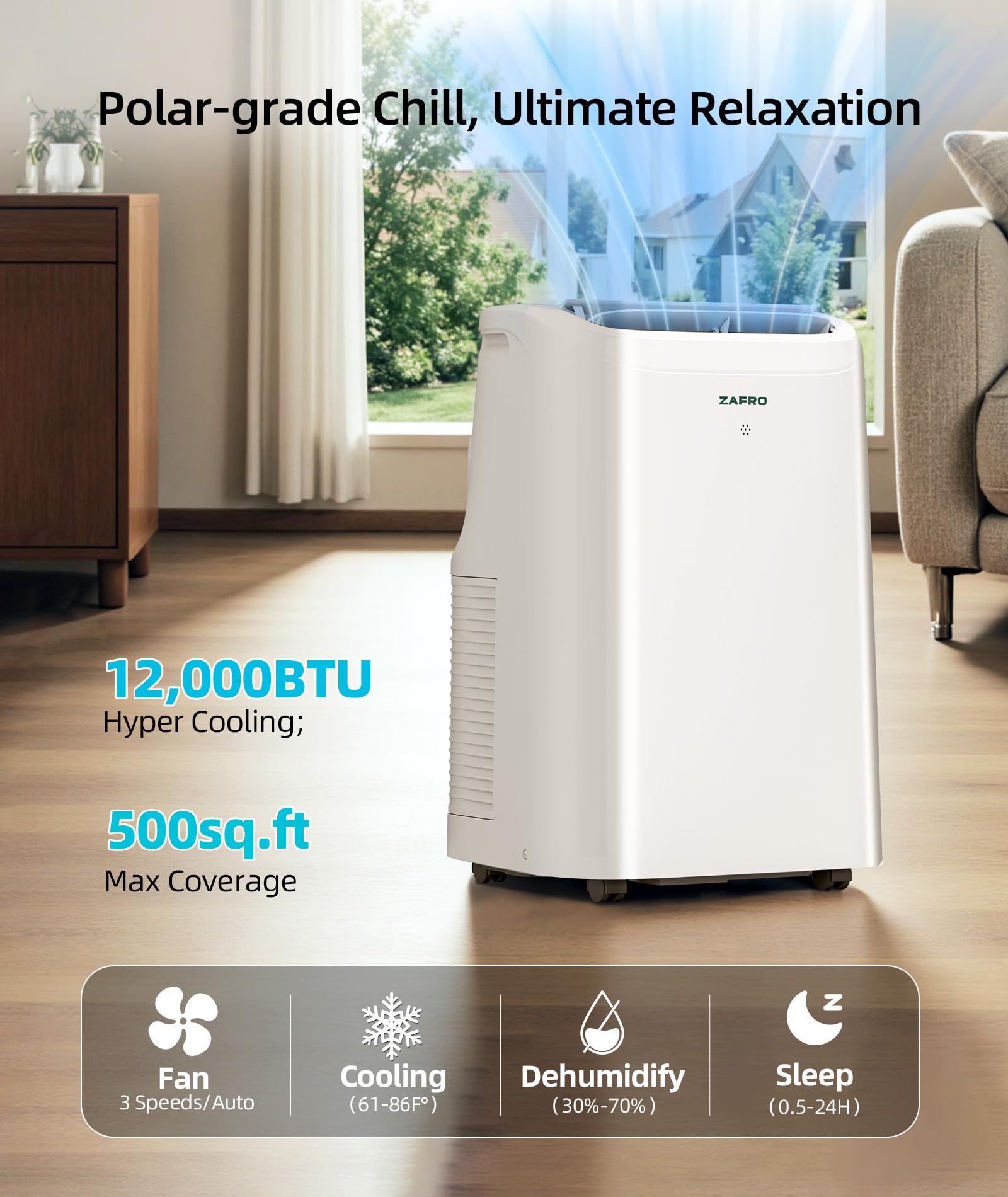 Zafro 12000 Btu Portable Air Conditioners (8000 Btu Sacc), Ac Unit For Bedroom With Drainage-Free Cooling, Fan & Dehumidifier, 4