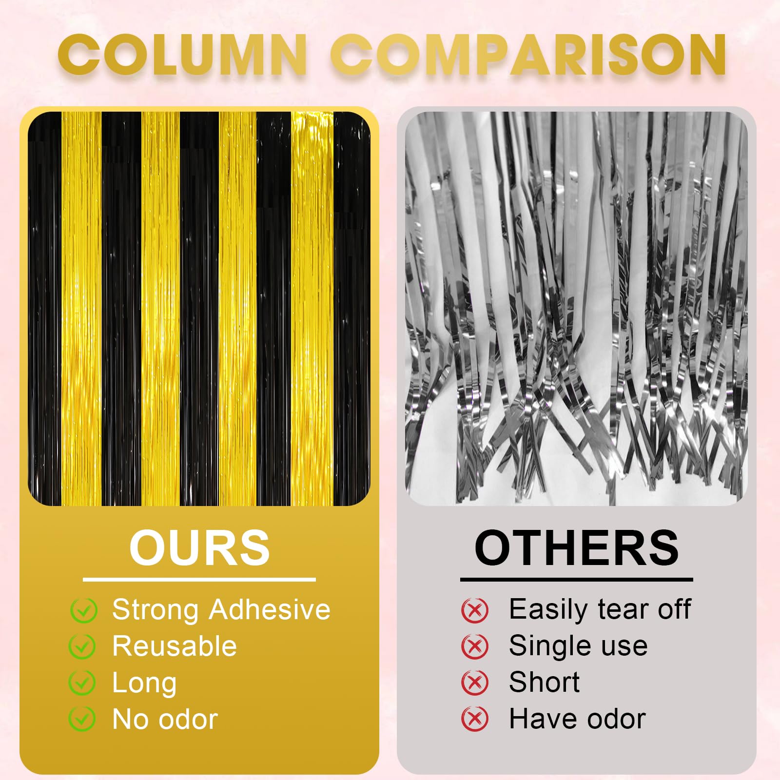 Voircoloria 2 Pack Black And Gold Tinsel Foil Fringe Curtains, Black And Gold Party Decorations, Metallic Tinsel Party Streamers