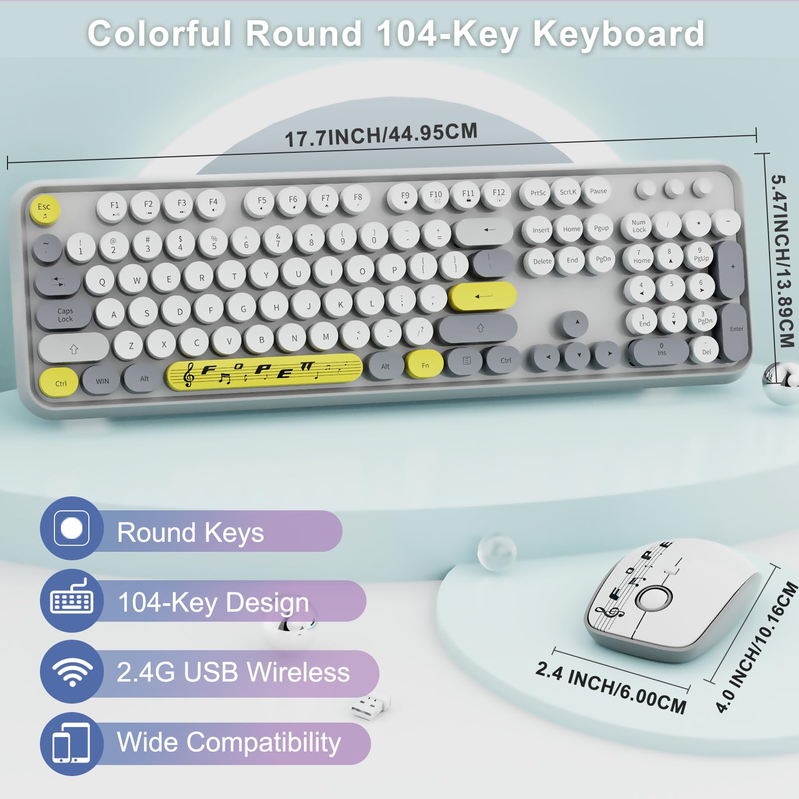 Wireless Keyboard Mouse Combo,Retro Typewriter Keyboard With Round Keycaps,2.4G Wireless Full Size Office Keyboard And Cute Mous