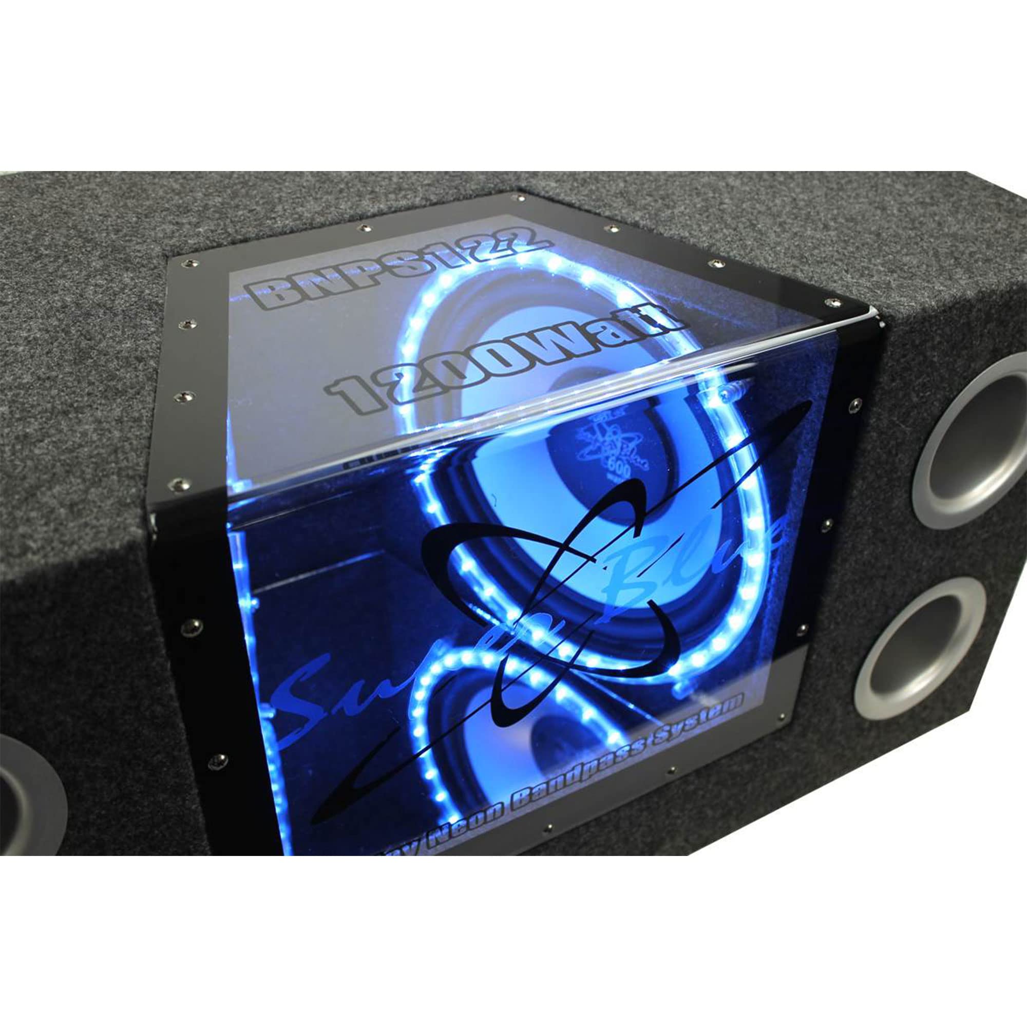 Pyramid 12'' 1200W Car Audio Subwoofer   2 Way Neon Bandpass Speaker System W/ Blue Lights, Dc 12V Input/4 Ohm/32Hz 1Khz Freq.Re
