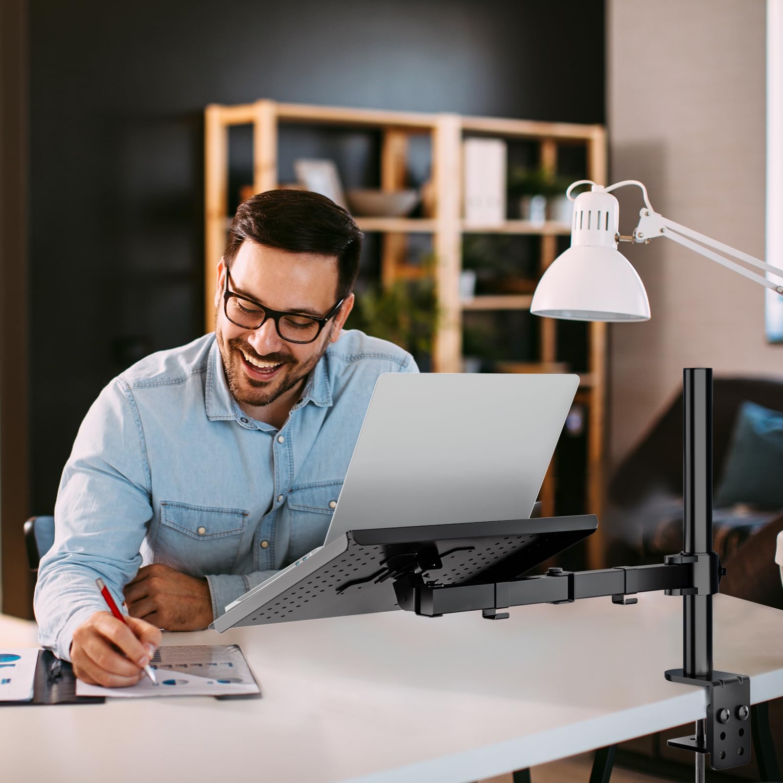 Wali Laptop Tray Desk Mount For 1 Laptop Notebook Up To 17 Inch, Fully Adjustable, 22 Lbs Capacity With Vented Cooling Platform