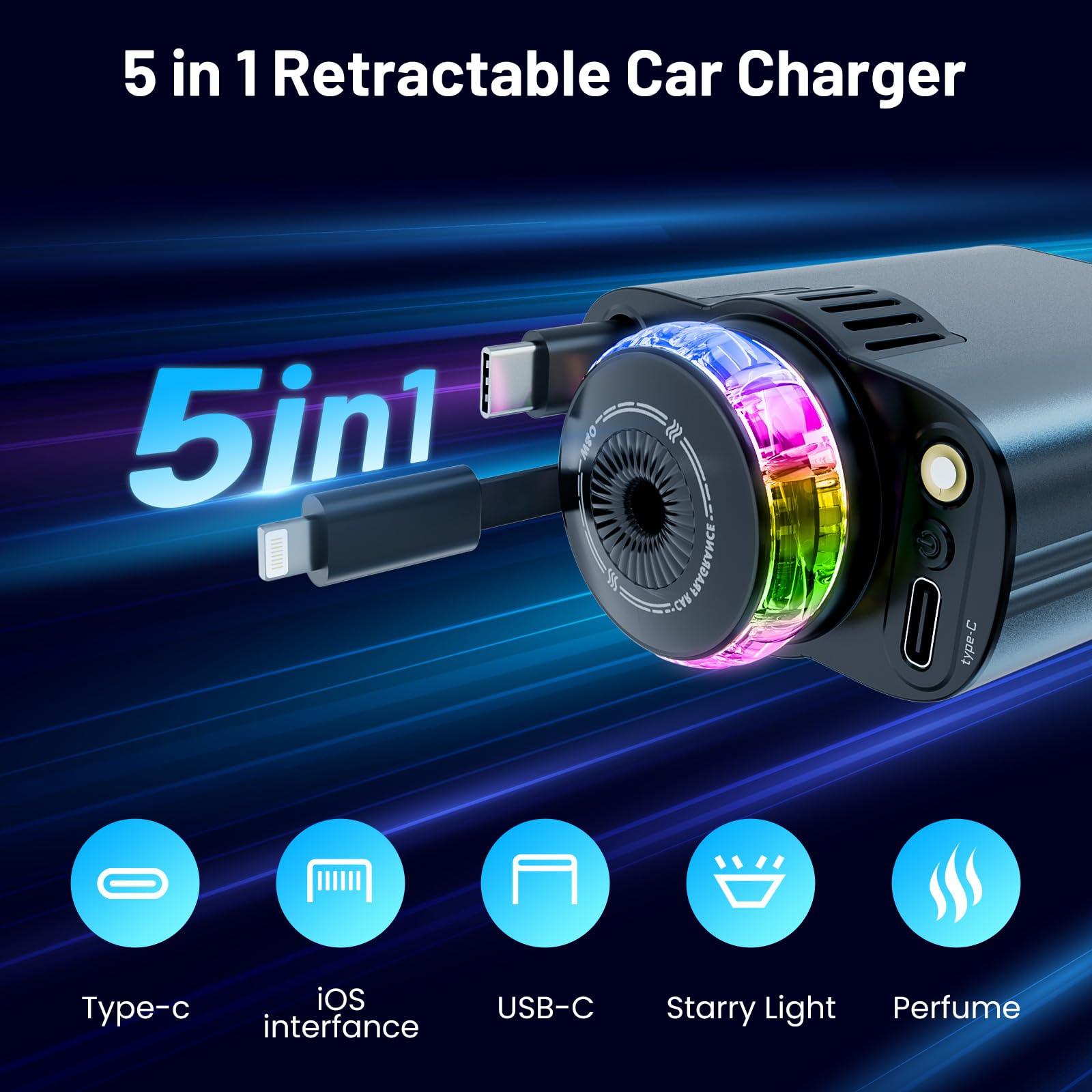 Starlight Retractable Car Charger With Aromatherapy, 5 In 1 Fast Charging 66W Car Phone Charger Adapter, Usb C Car Accessories C