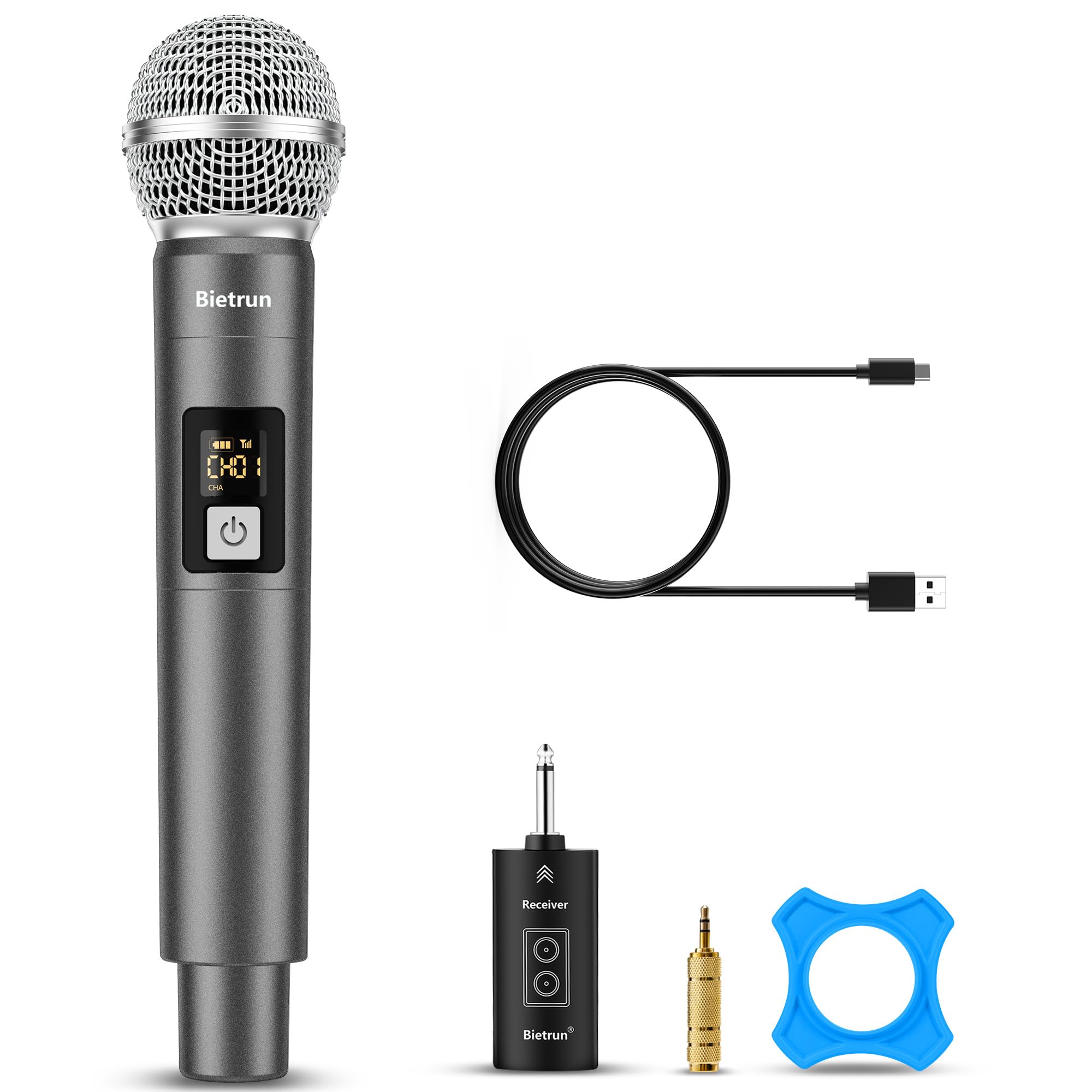 Bietrun Wireless Microphone, Uhf Single Handheld Cordless Dynamic Metal Mic Set With Rechargeable Receiver, 1/4'' Plug Output, F
