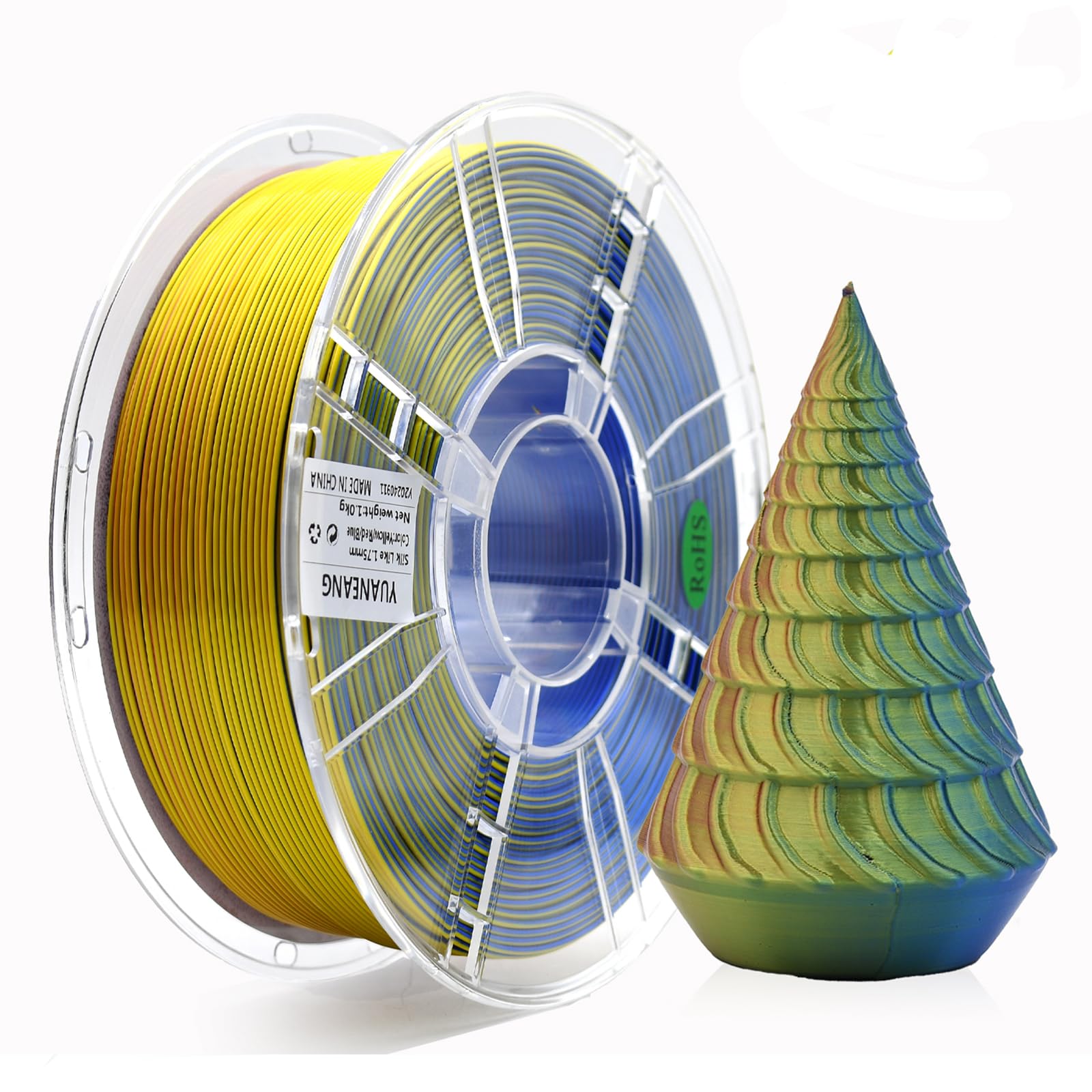 YUANEANG Silk Triple-Color PLA Filament 1.75mm Red-Yellow-Blue, 0.03mm Precision, 1kg Spool (2.2 lbs), Glossy Multi-Tone Gradien