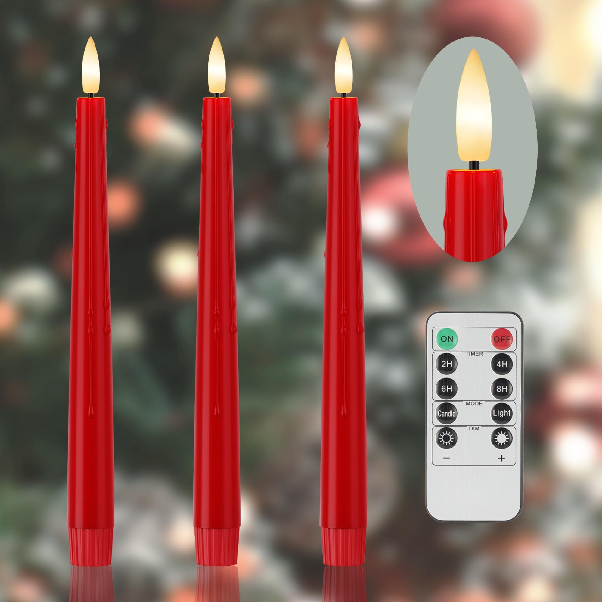 Red Flameless Taper Candles 9.6 Christmas LED Candles Real Wax with Remote Timer, Battery Operated LED Candles Set with 3D Flick