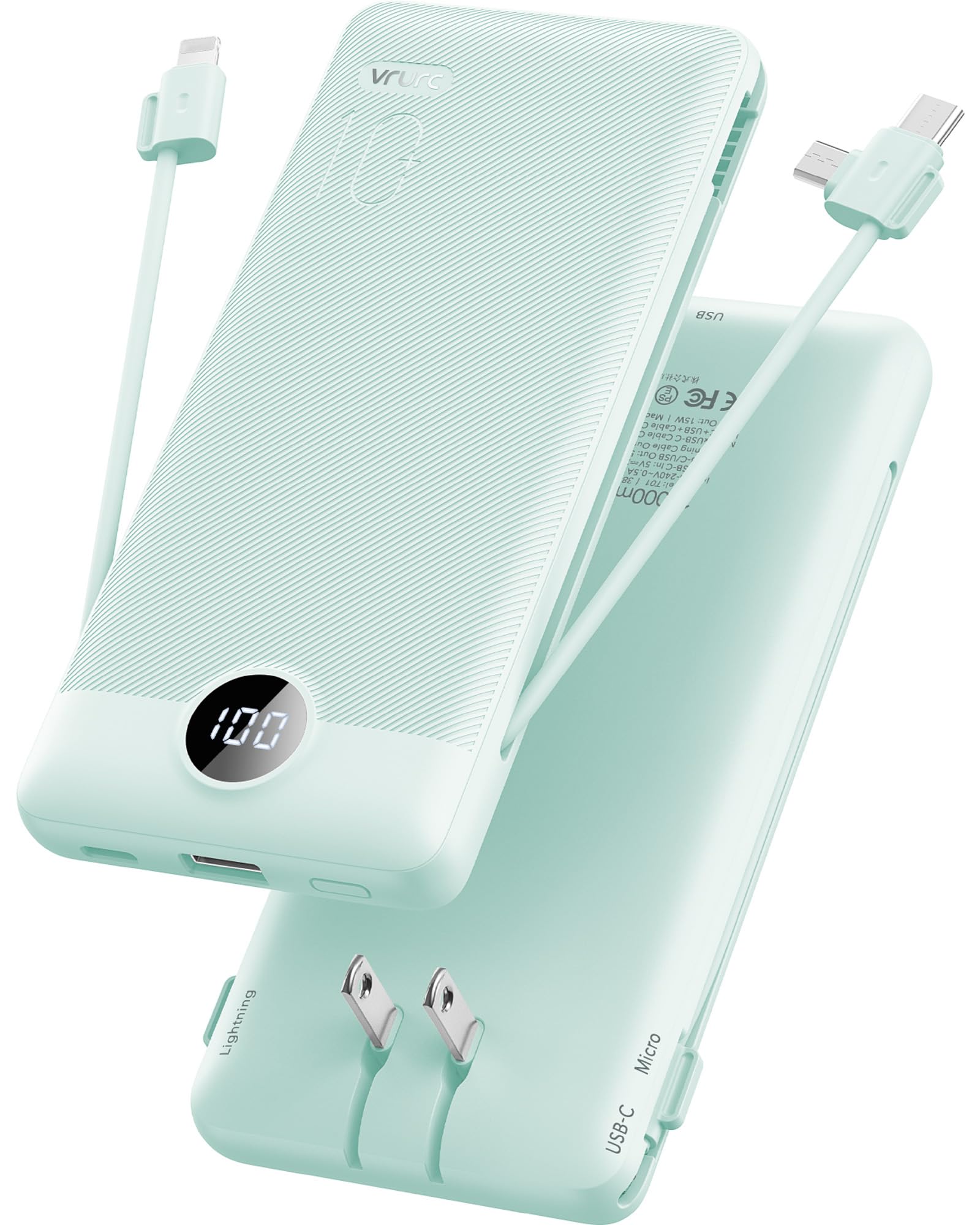 VRURC Portable Charger Built-in Cables and AC Wall Plug, USB C Power Bank 10000mAh, Portable Phone Charger Compact Lightweight E
