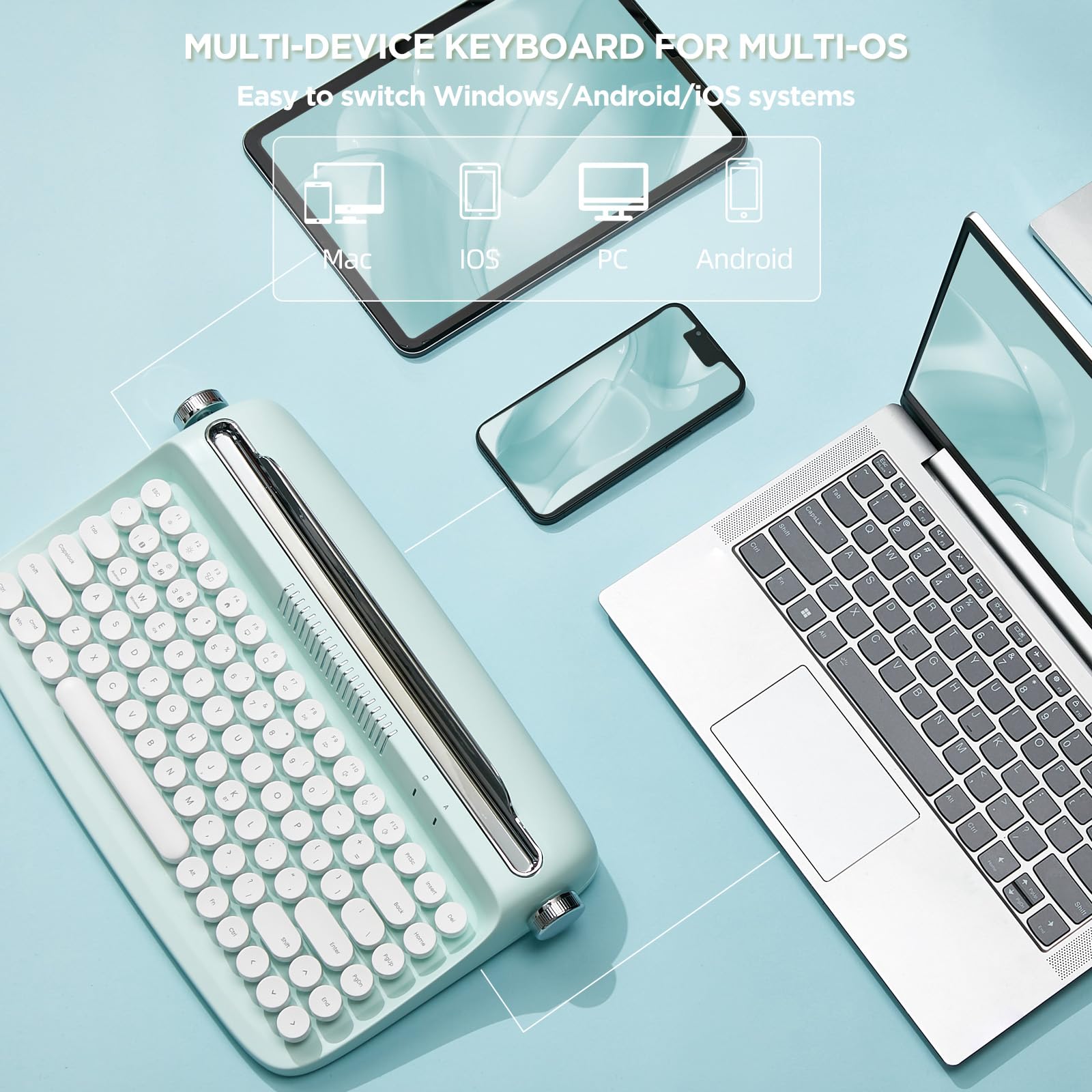 Yunzii Actto B303 Wireless Keyboard, Retro Bluetooth Aesthetic Typewriter Style Keyboard With Integrated Stand For Multi Device