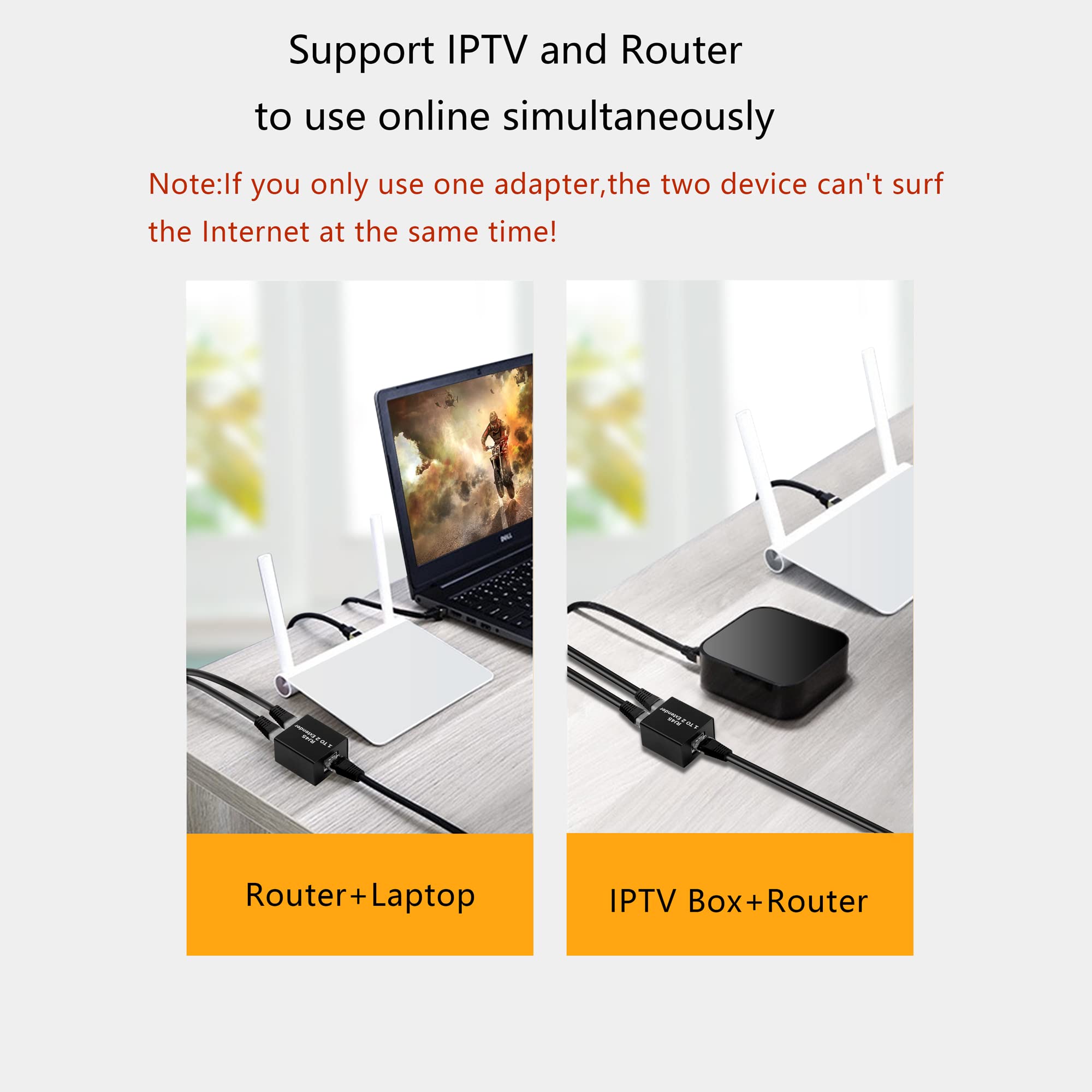 GELRHONR RJ45 Ethernet Splitter Adapter - 1 to 2 Network Adapter for Cat5e/Cat6/Cat8, Black, Simultaneous Internet for 2 Devices