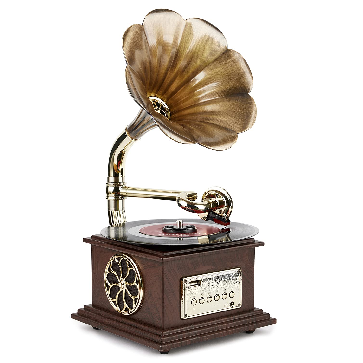 Asommet Gramophone Record Player Retro Turntable All In One Vintage Phonograph Nostalgic For Lp With Copper Horn, Built In Speak