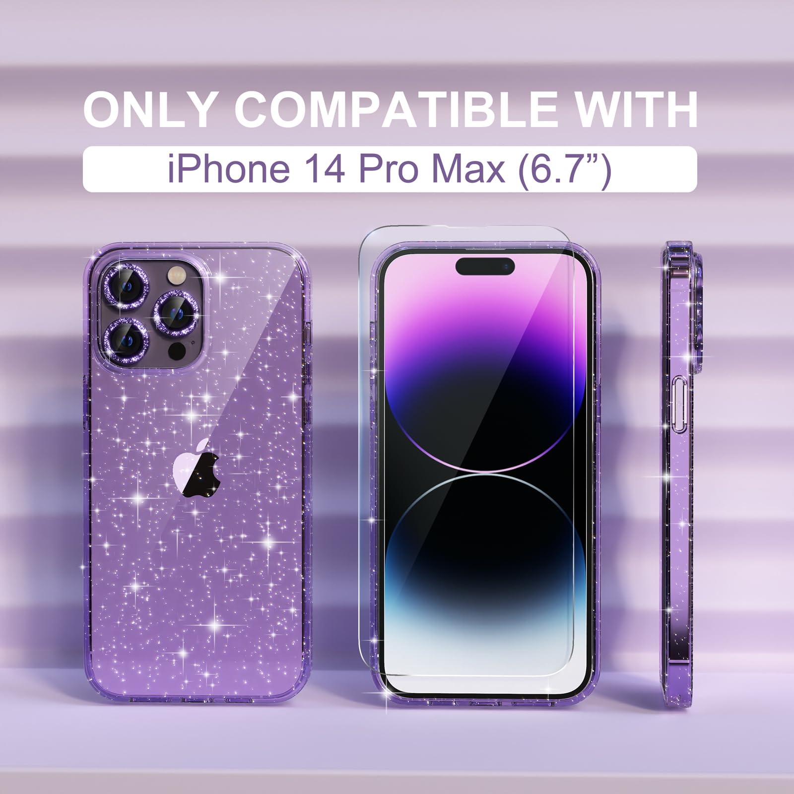 Choiche Compatible For Iphone 14 Pro Max Case Cute, Women Clear Glitter Bling Sparkly Case, [3 X Diamond Camera Lens Protectors]
