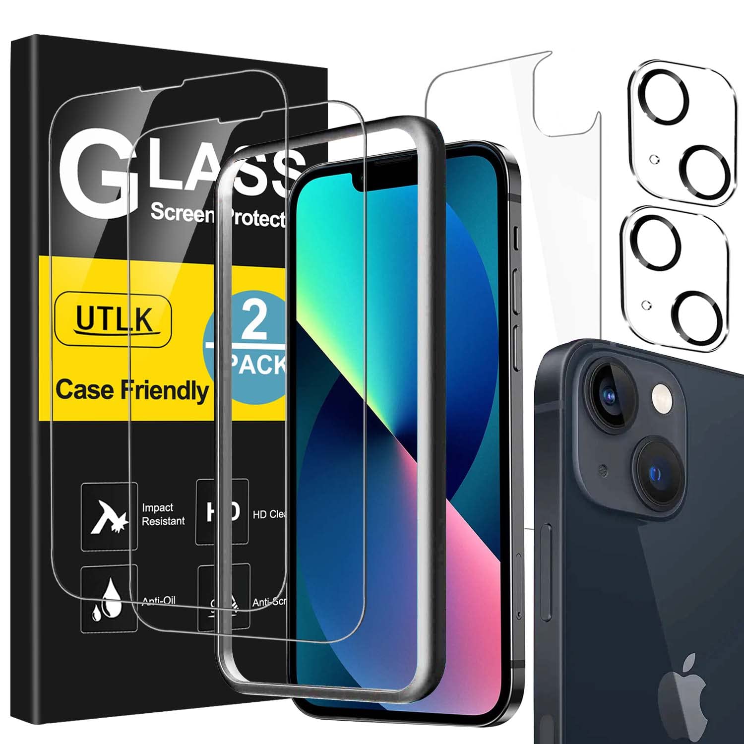 [ 2+2 +2 ] 2 Front + 2 Back For Iphone 13 Glass Screen Protector Hd Clear +2 Glass Camera Lens Protector For Iphone 13 (6.1'') W