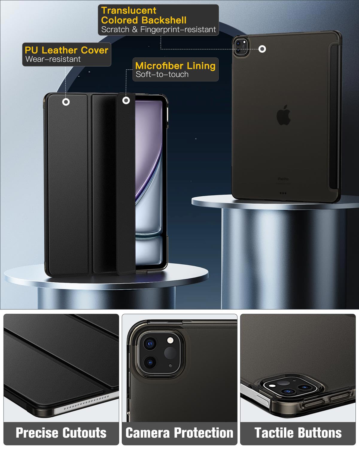 MoKo for iPad Air 13 Inch M2 Case 2024/ iPad Pro 12.9 Case (6th/5th Gen 2022/2021), Slim Smart Shell Translucent Frosted Hard PC Back Cover, Support Touch ID & Pencil Pro/2nd/USB C, Space Black