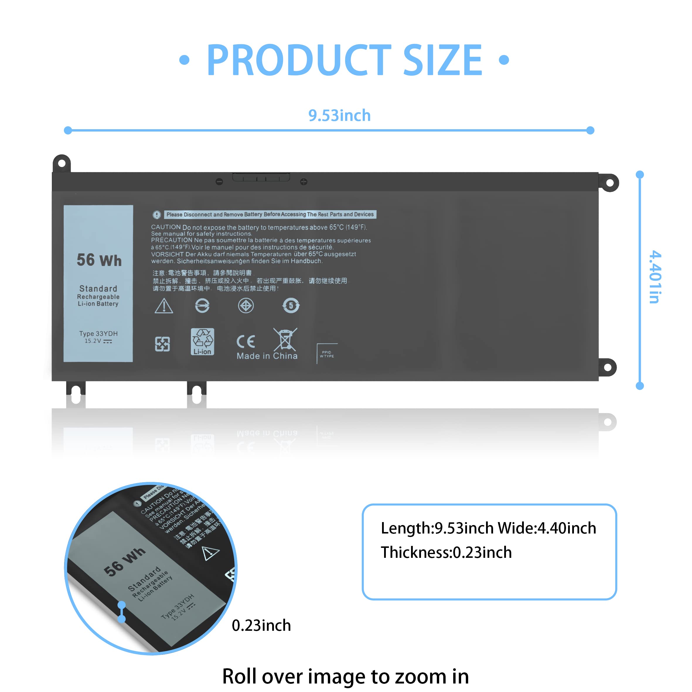 Vnyunqwe 56Wh 33Ydh Battery Dell For Dell Inspiron 17 7000 7786 7779 7773 7778 G3 3579 3779 G5 5587 G7 7588 15 7577 Latitude 13