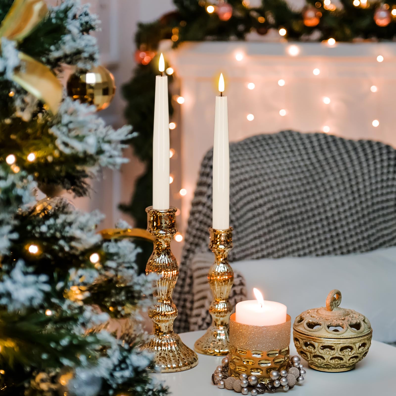 Kunswenn Real Wax Flameless Taper Candles Battery Operated, 8.1    Tall Led Flickering Flameless Candlesticks With 3D Wick, 4 Pc