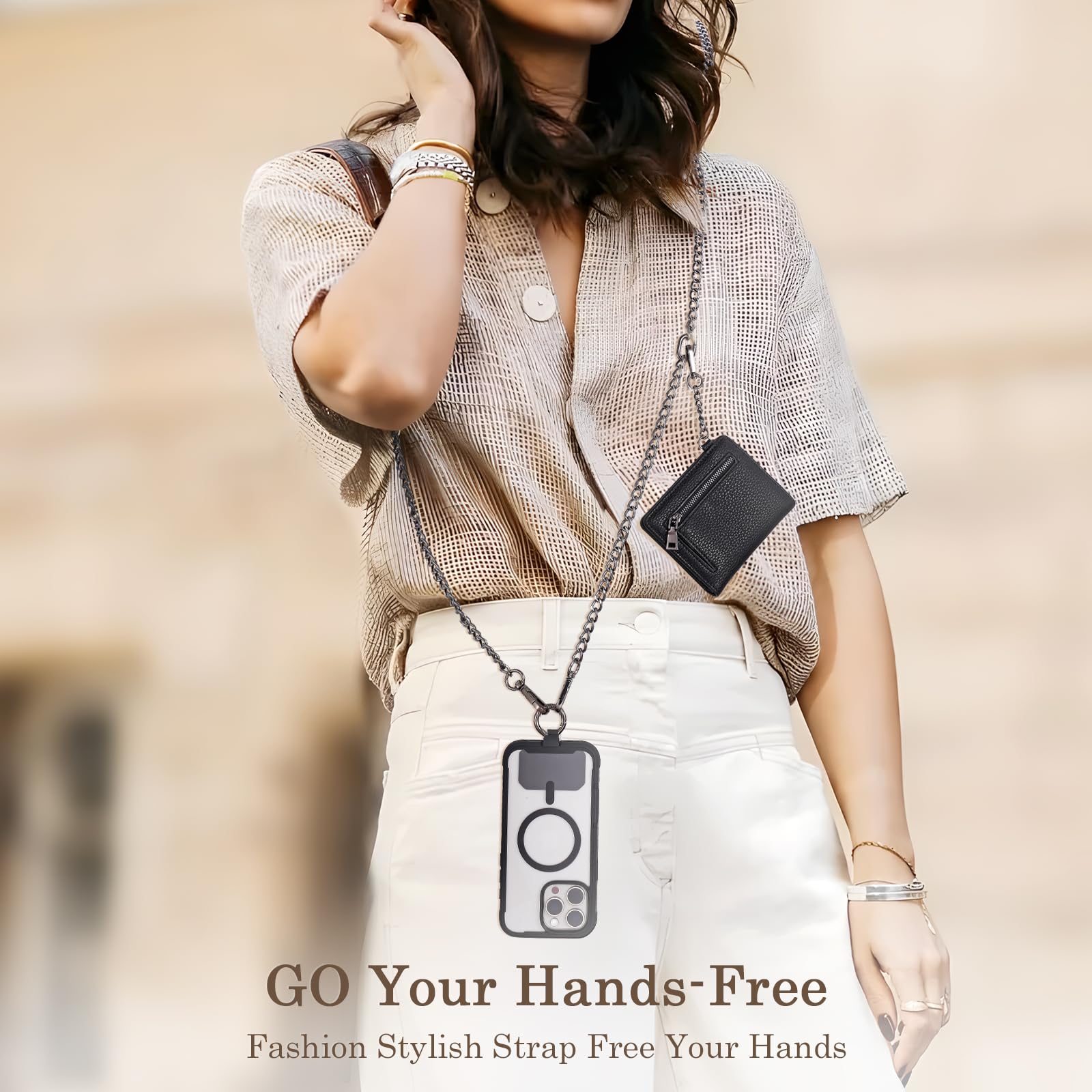 Diaclara Clip And Go Chain Phone Strap With Zipper Pouch  Stylish Crossbody Adjustable Chain Lanyard With Leather Wallet For All