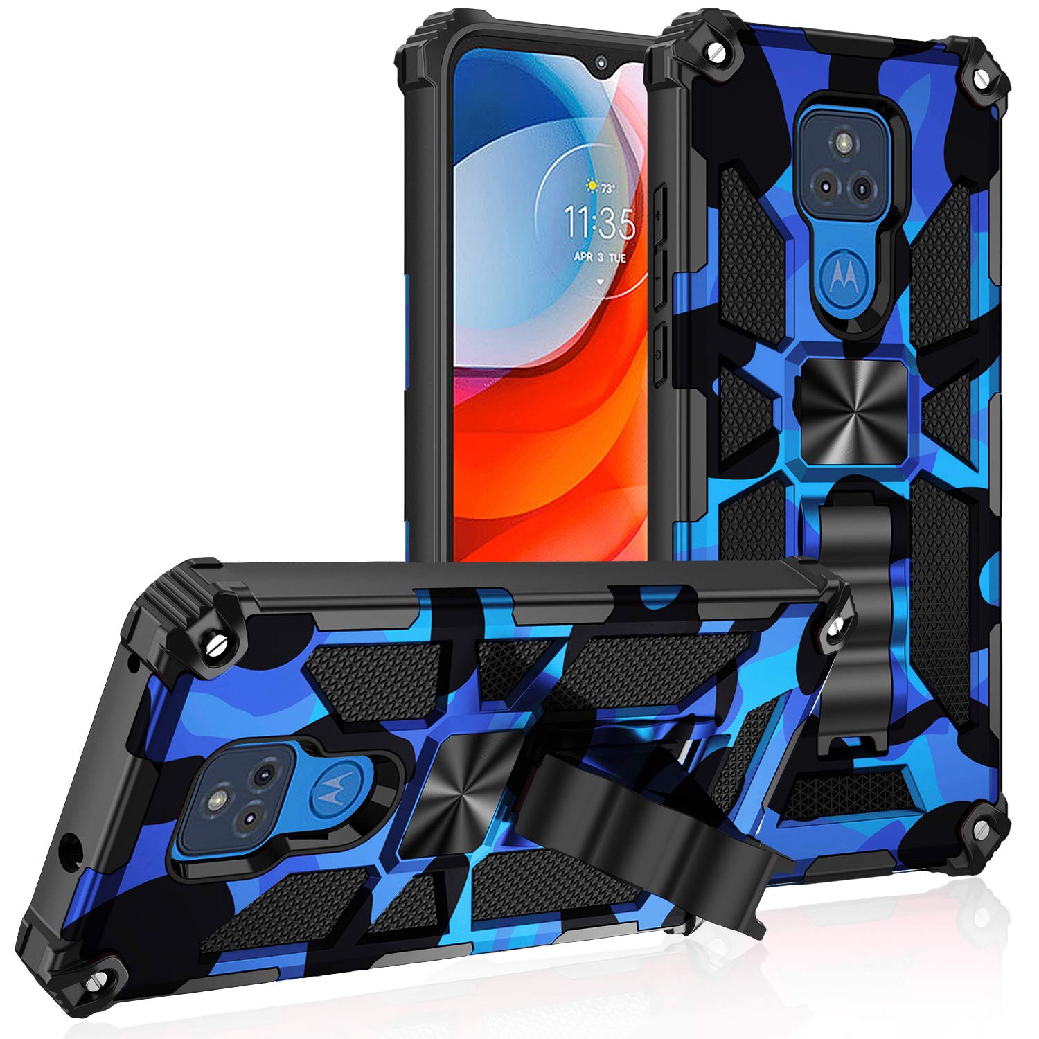 Lokyoo Military Grade Moto G Play Case 2021   Drop Tested, Built In Kickstand, Magnetic Car Mount Compatible, Camouflage Deep Bl
