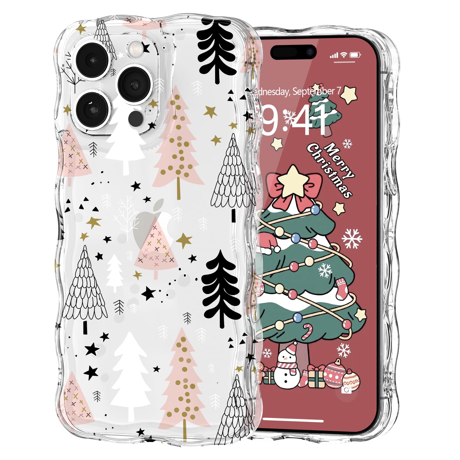 L Fadnut Christmas Phone Case For Iphone 14 Pro Cute Curly Wavy Merry Christmas Pattern Case Clear Santa Snowman Elk Cover For G