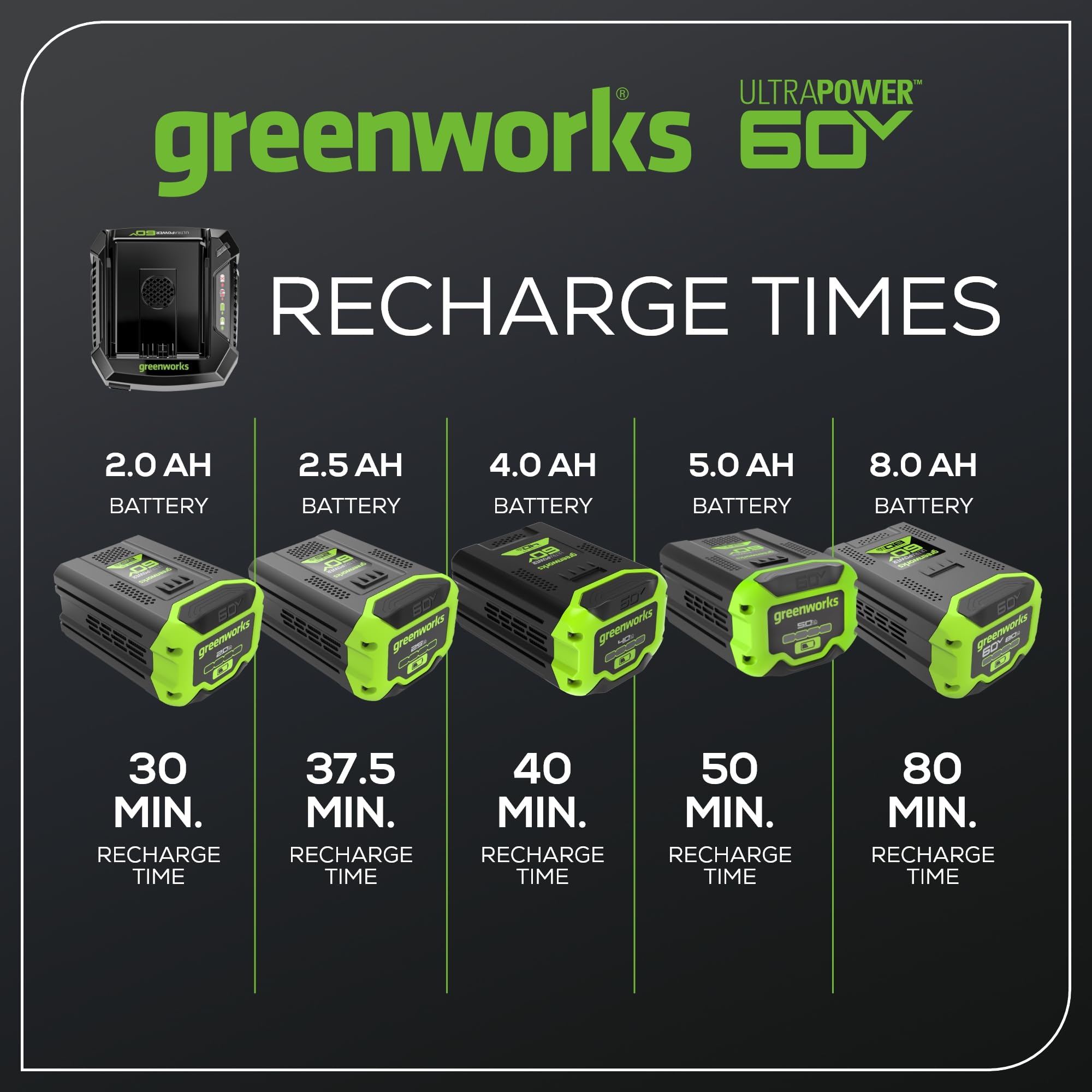 Greenworks Pro 60V Ultra Power 6A Rapid Charger   Works With All Greenworks Batteries