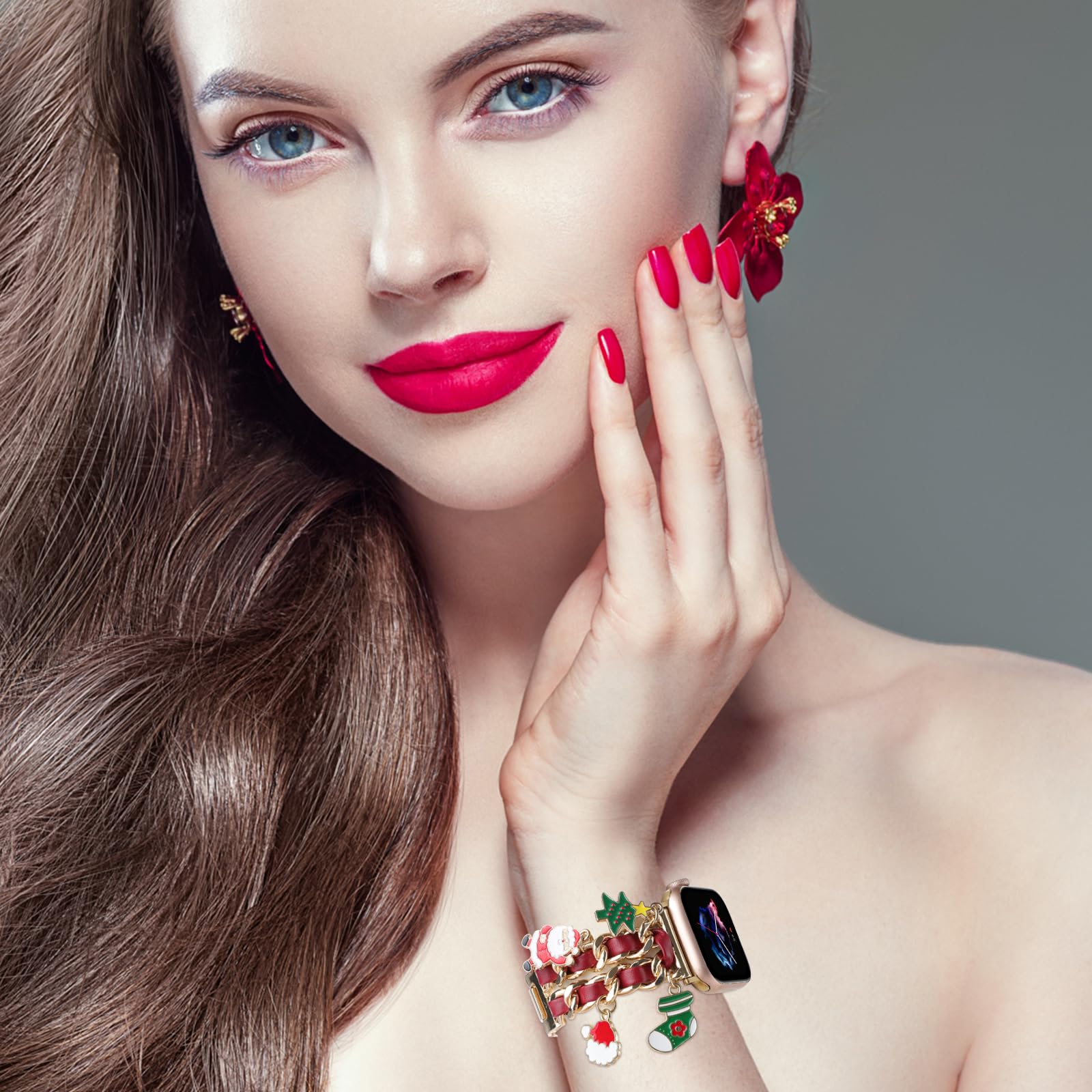 Realsign Stylish Metal Wristband Compatible With Apple Watch Band 38Mm 40Mm 41Mm,Cuban Chain With Christmas Tree Santa Claus Pen