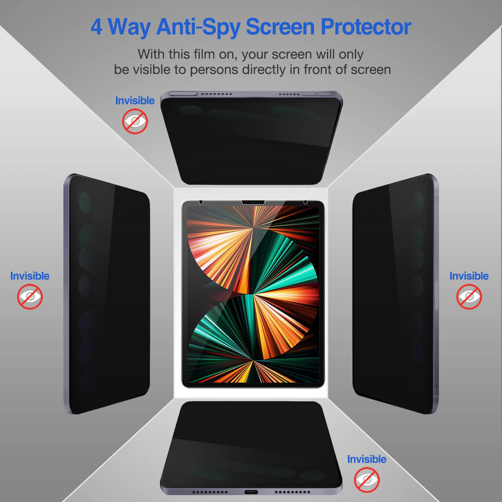 Procase For Ipad Pro 12.9 4 Way Privacy Screen Protector 2022 2021 2020 2018, 360 Degree Anti Spy Tempered Glass Film Guard For