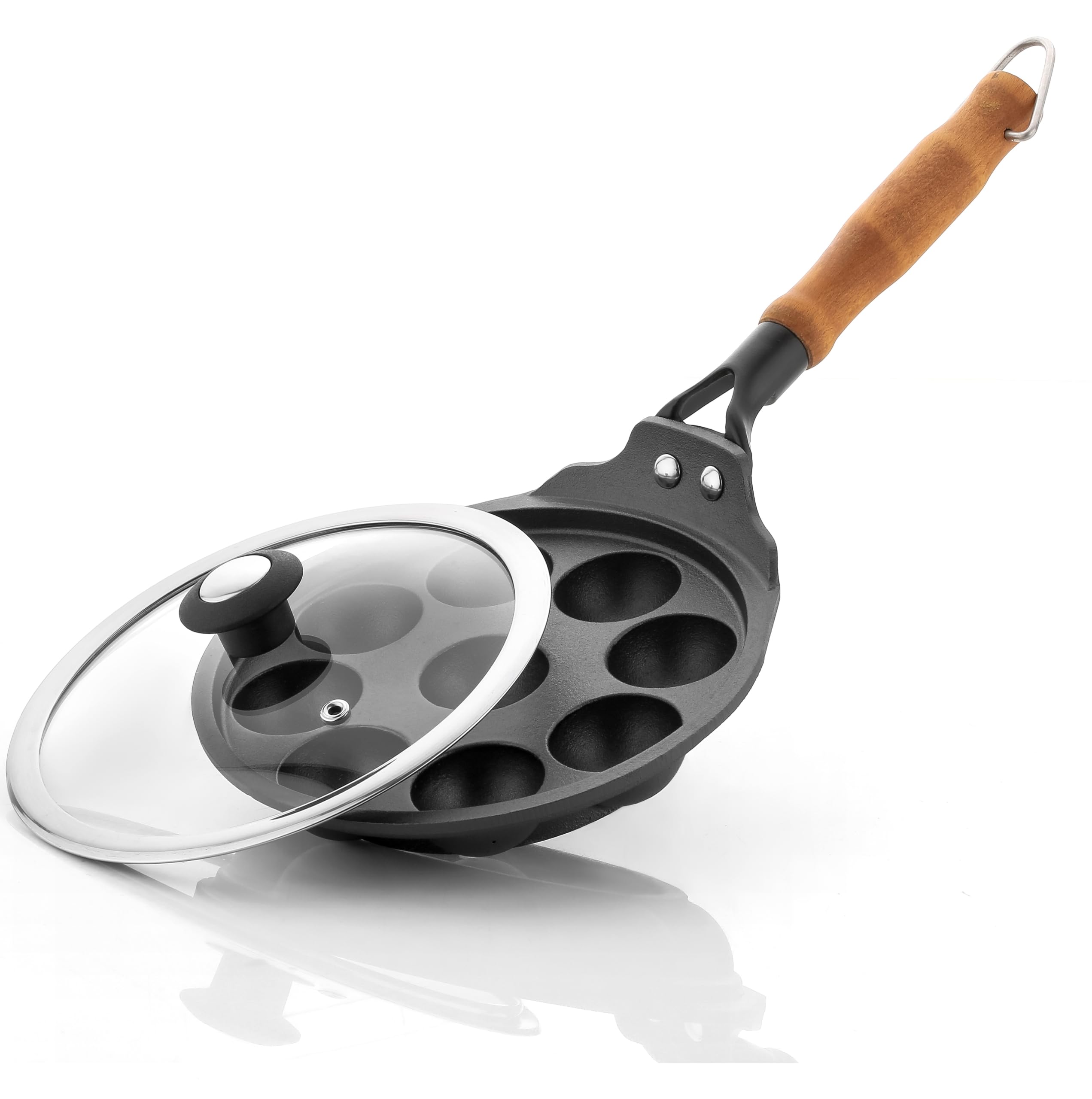 ROSTON Cast Iron Paniyaram Appam Pan Appe Ponganalu Pan Chatti Appam Maker with Wooden Handle, Cast Iron 9 Cavity Induction Base