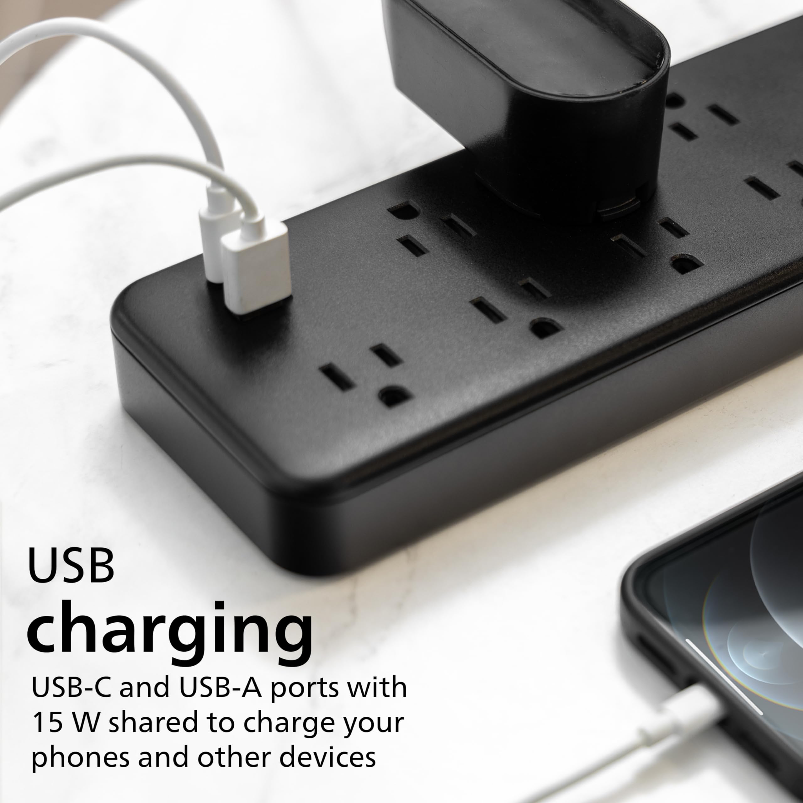 Philips 7 Outlet Surge Protector, 6 Ft Braided Extension Cord, Adapter Spaced, 1 Usb A, 1 Usb C, 15W, 1500J, Black, Spp3703B/37