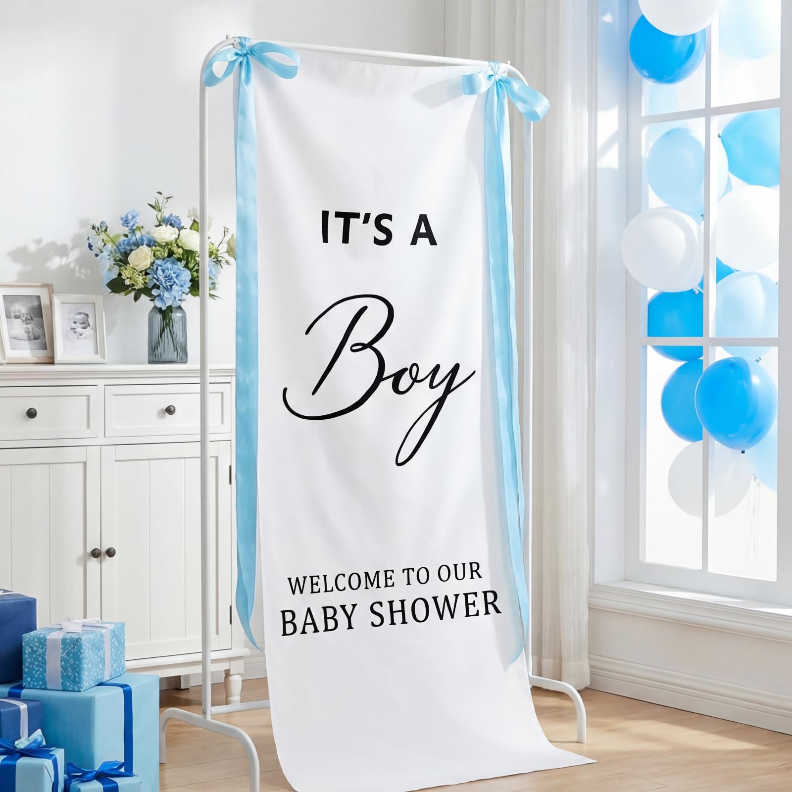 Oudain 24x60 Inch Its a Boy Burlap Banner, Baby Shower Fabric Backdrop with Pink Ribbons and Hooks, Rustic Boho Photo Props Sig