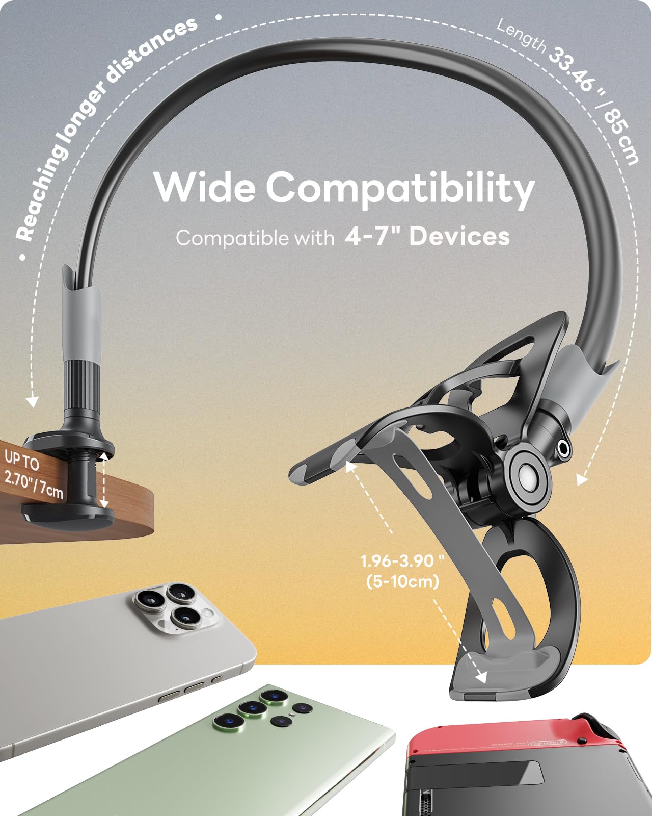 Saiji Gooseneck Bed Phone Holder, Flexible Long Arm Phone Mount For Desk, Clip Bracket Clamp Stand For 4.0 6.5'' Mobile Cell Pho