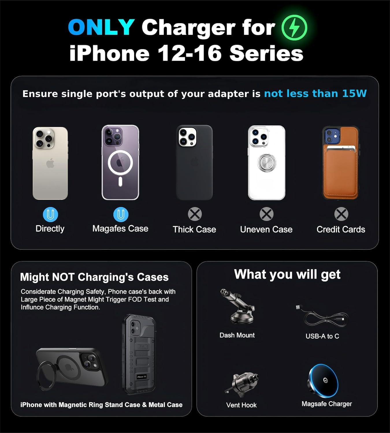 Gumosh For Magsafe Car Mount Charger Dash/Windshield/Vent Wireless Car Charger With [Led Light], Strong Magnetic Phone Holder Fo