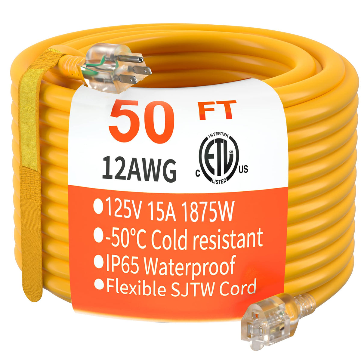 Huanchain 50 Ft 12/3 Gauge Heavy Duty Outdoor Extension Cord Waterproof With Lighted, Flexible Cold Weather 3 Prong Electric Cor