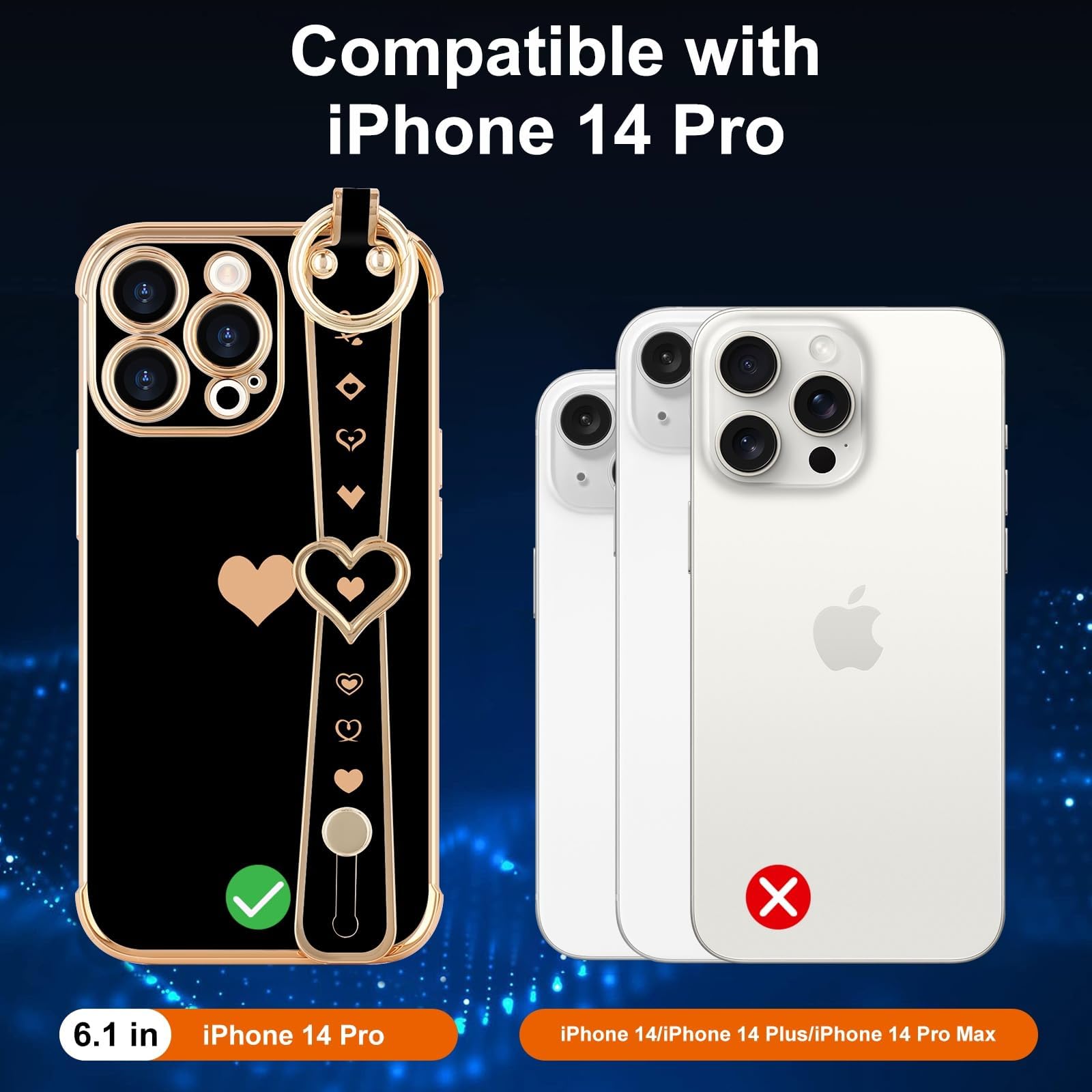 Llz.Coque For Iphone 14 Pro Case Cute Love Heart Plating Strap Phone Cover For Women Girls Bling Soft Silicone Camera Lens Prote