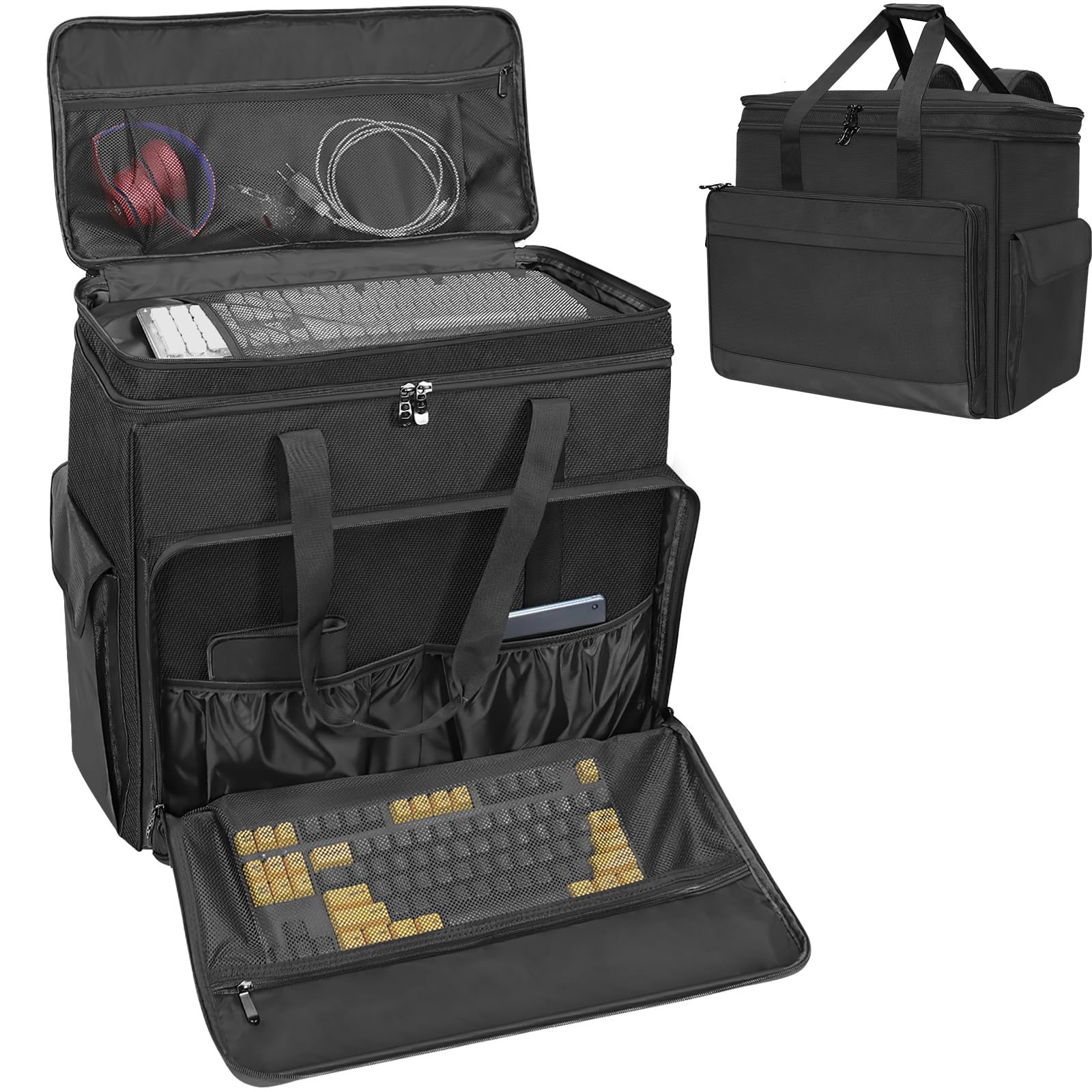 Xidihf Double Layer Computer Tower Carrying Case Desktop Computer Travel Storage Bag For Pc Chassis, Keyboard, Cable, Mouse And 