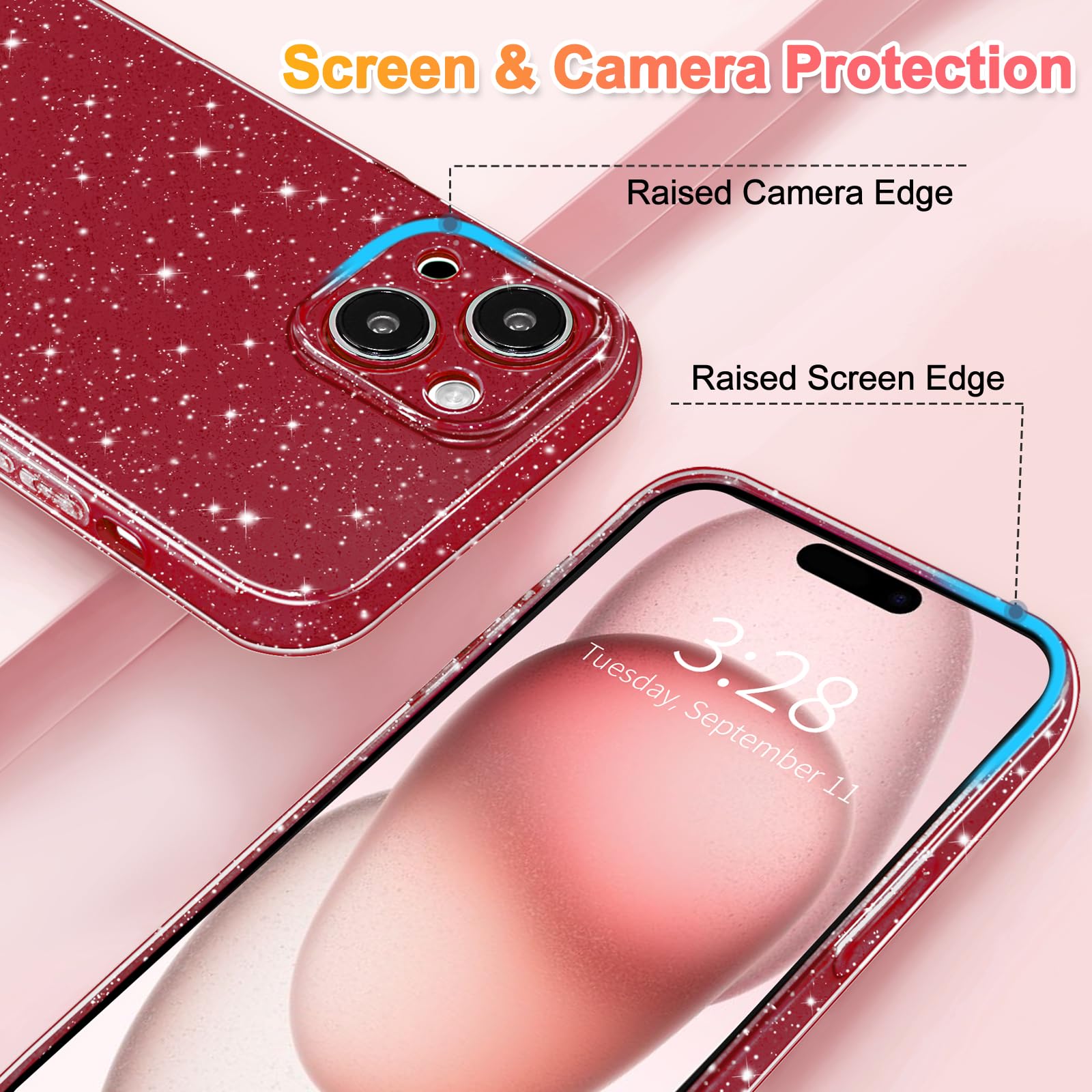 Hython Case For Iphone 15 Case Glitter Cute Sparkly Shiny Bling Sparkle Phone Cases 6.1, Thin Slim Fit Soft Tpu Bumper Shockproo