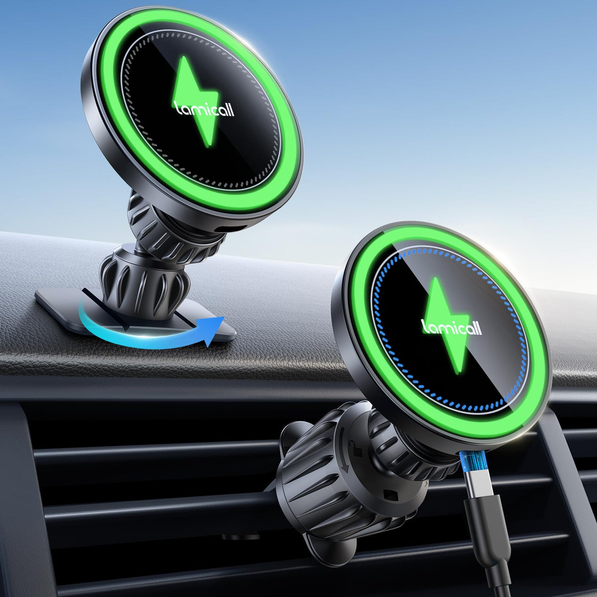 Lamicall 15W For Magsafe Car Mount Charger - [3-In-1 Upgraded Intelligent Chip] 360 Wireless Car Phone Holder Charger Vent Dashb