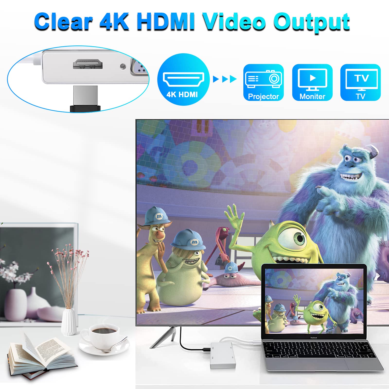 Weton Usb C To Hdmi Dvi Vga Adapter, 4 In 1 Usb C Hub To 4K Hdmi, Vga, Dvi Video Adapter, Male To Female Multi Display Video Con