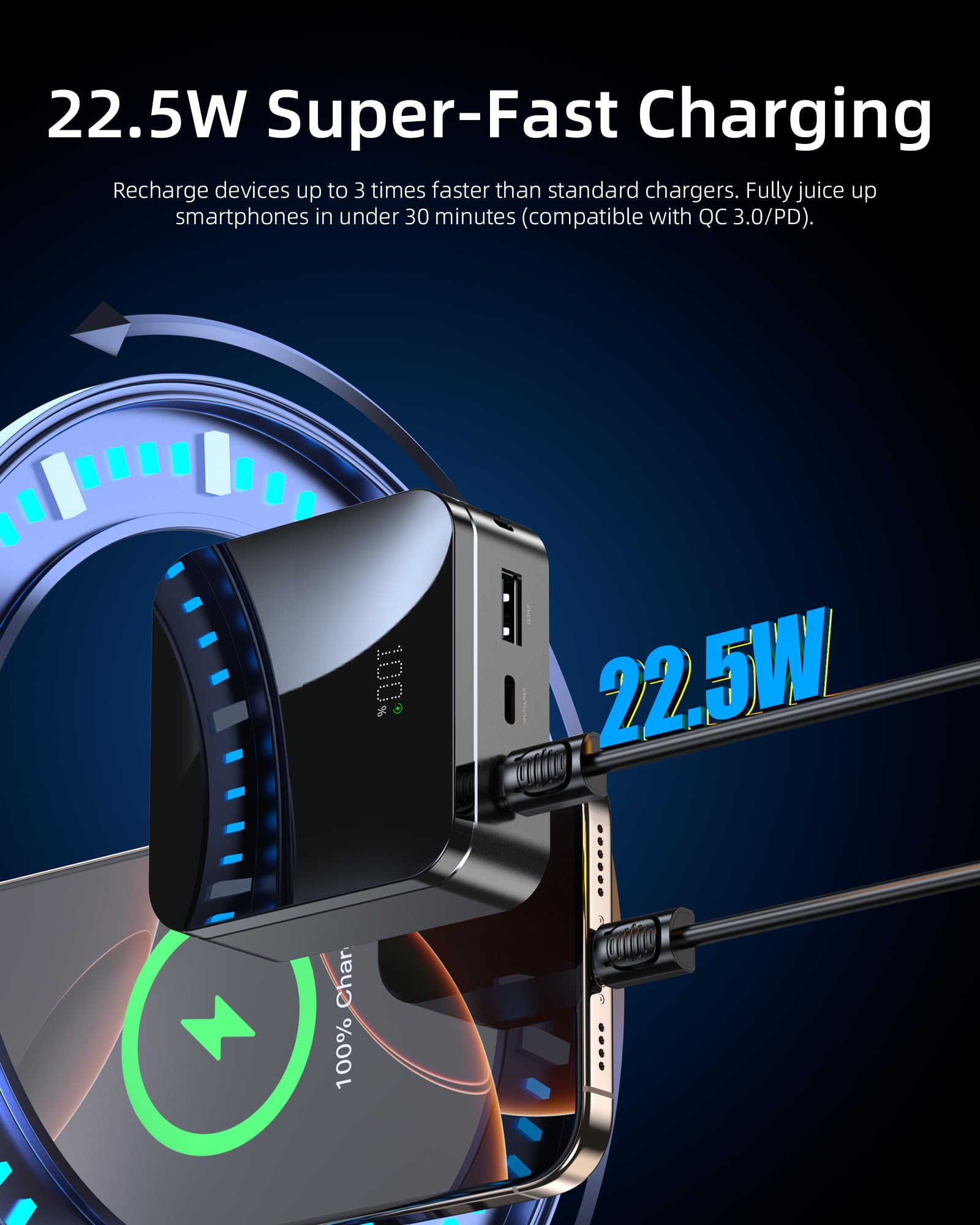 T-Core Small Portable Charger, Mini Power Bank Fast Charging 22.5W 10000Mah Battery Pack With Built In Usb C Cable For Iphone 15