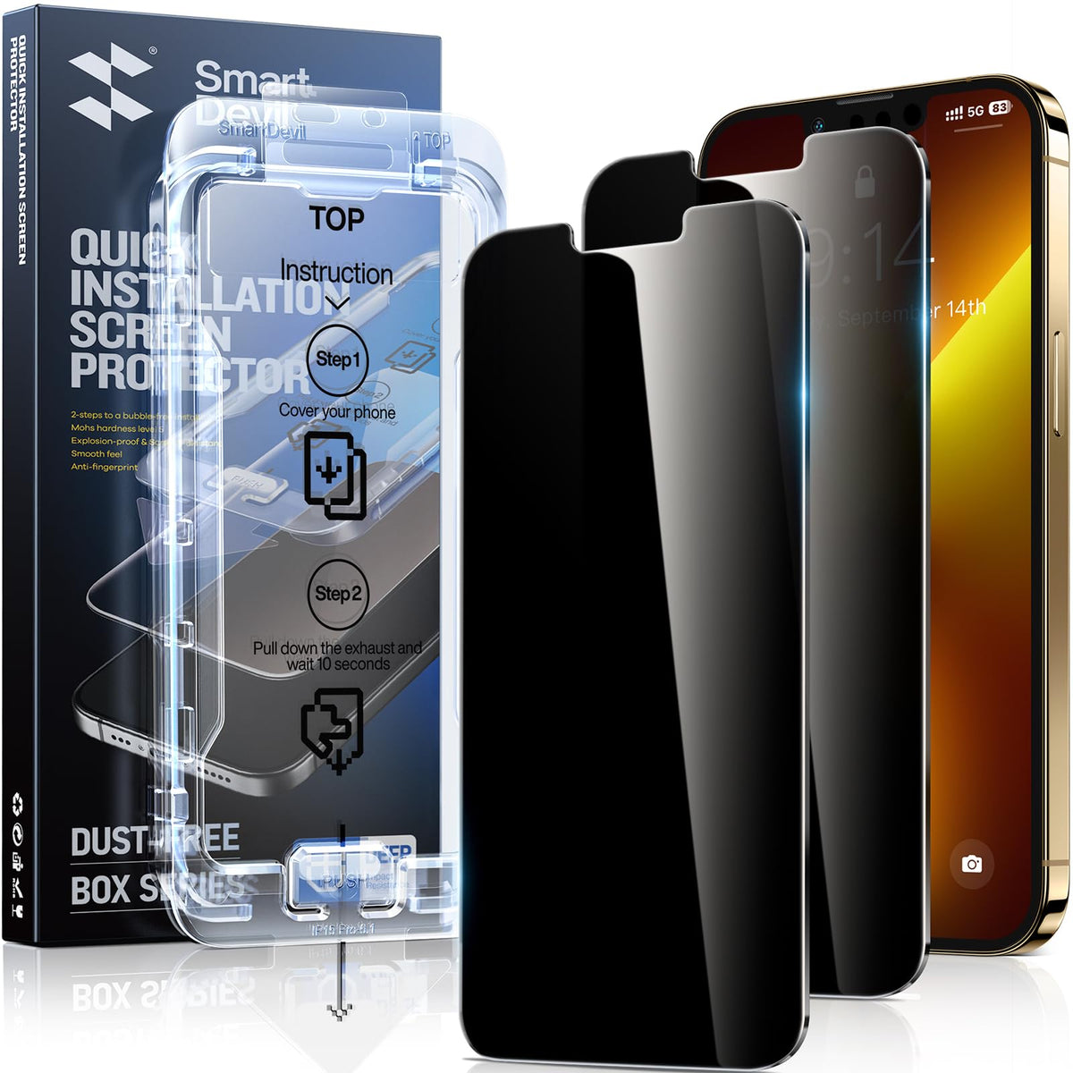 Smartdevil 2Pack For Iphone 13 Pro/13/14 Screen Protector Privacy, 9H Top-Shatterproof [Military Grade Protection ] Anti-Spy Pri