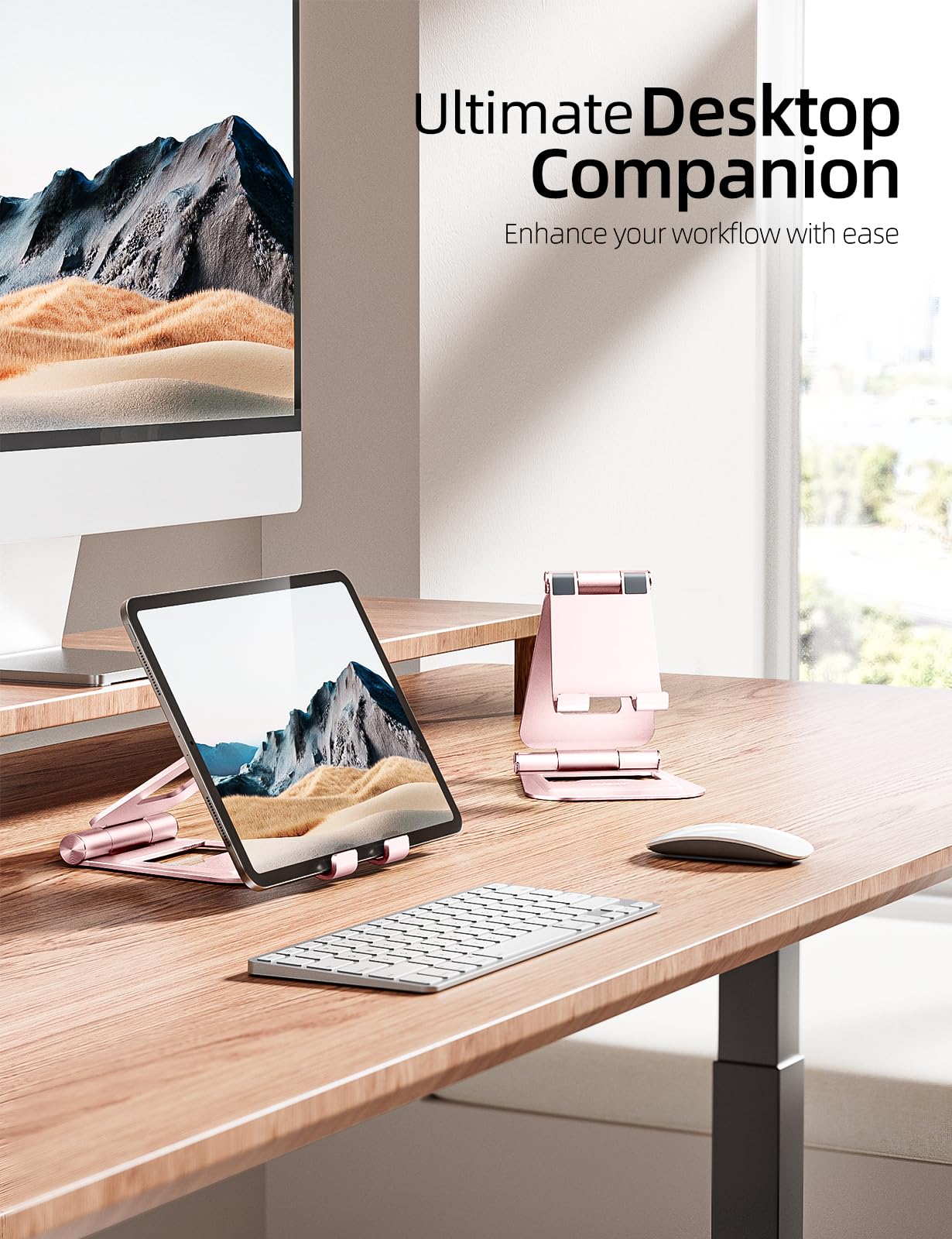 Nulaxy Aluminum Dual Foldable Ipad Stand, Fully Adjustable Desktop Tablet Holder, Ipad Accessories For Office Kindle Compatible With Mobile Devices Ipad Pro/Air/Mini, Iphone Pro/Max/Plus, Rose Gold