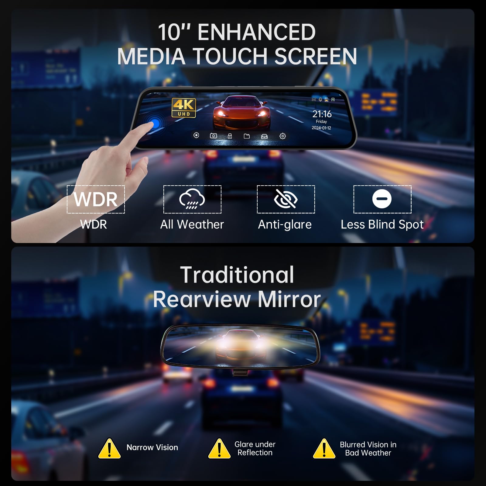 Veement 4K Rear View Mirror Camera, 10'' Mirror Dash Cam With 1080P Rear Camera, Dash Cam Front And Rear For Car With Voice Cont