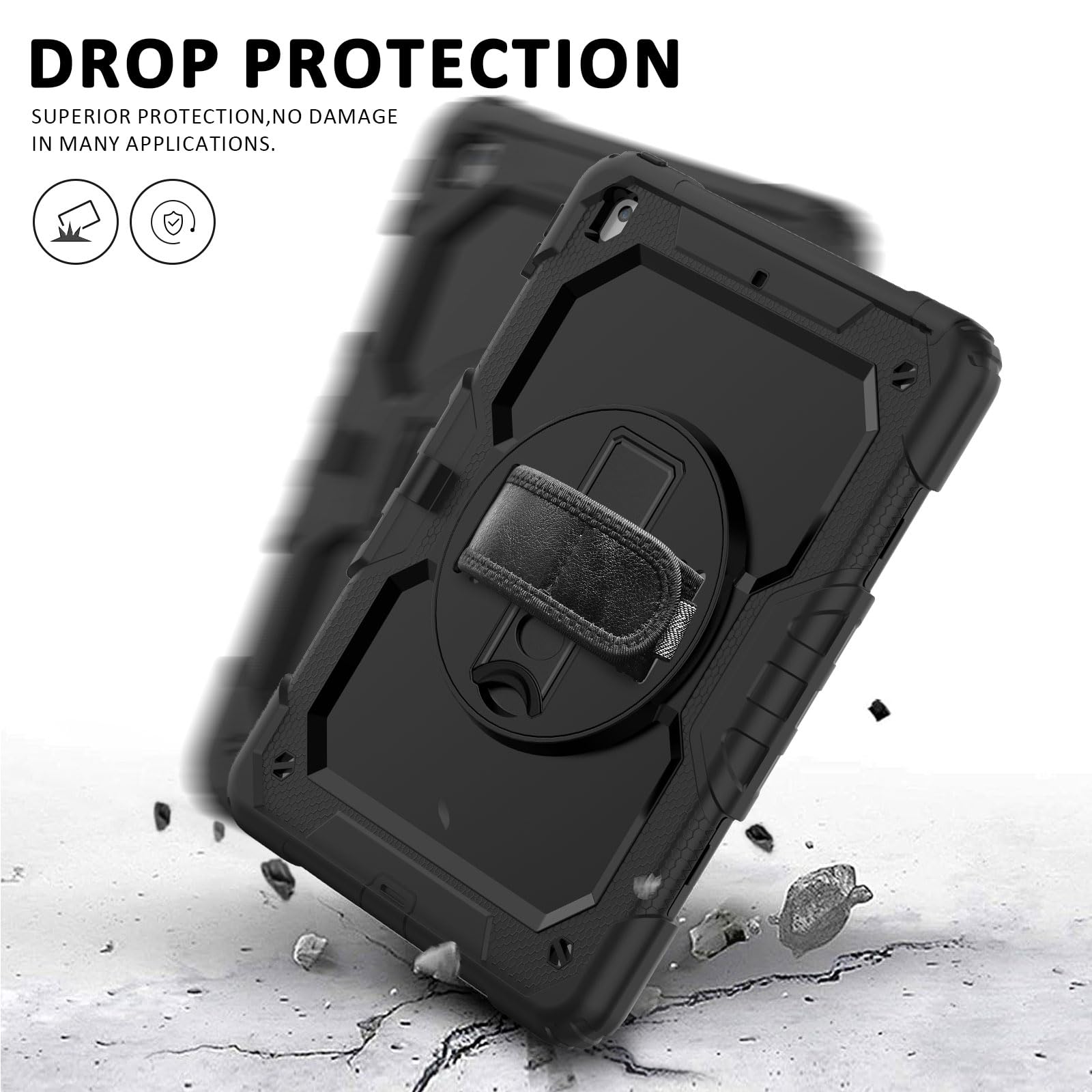 Ipad 9Th/8Th/7Th Generation Case, Ipad 10.2 Case 2021/2020/2019, [Kid Proof] Ambison Full Body Protective Case With 9H Tempered Glass Screen Protector, 360� Rotatable Kickstand & Hand Strap (Black)