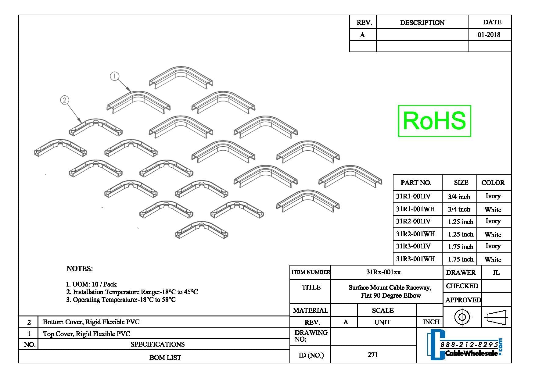 Cord Cover Cable Raceway, 1.75 Inch Surface Mount Cable Raceway Flat 90 Degree Elbow (For Raceway Corners) On Wall Cord Conceale