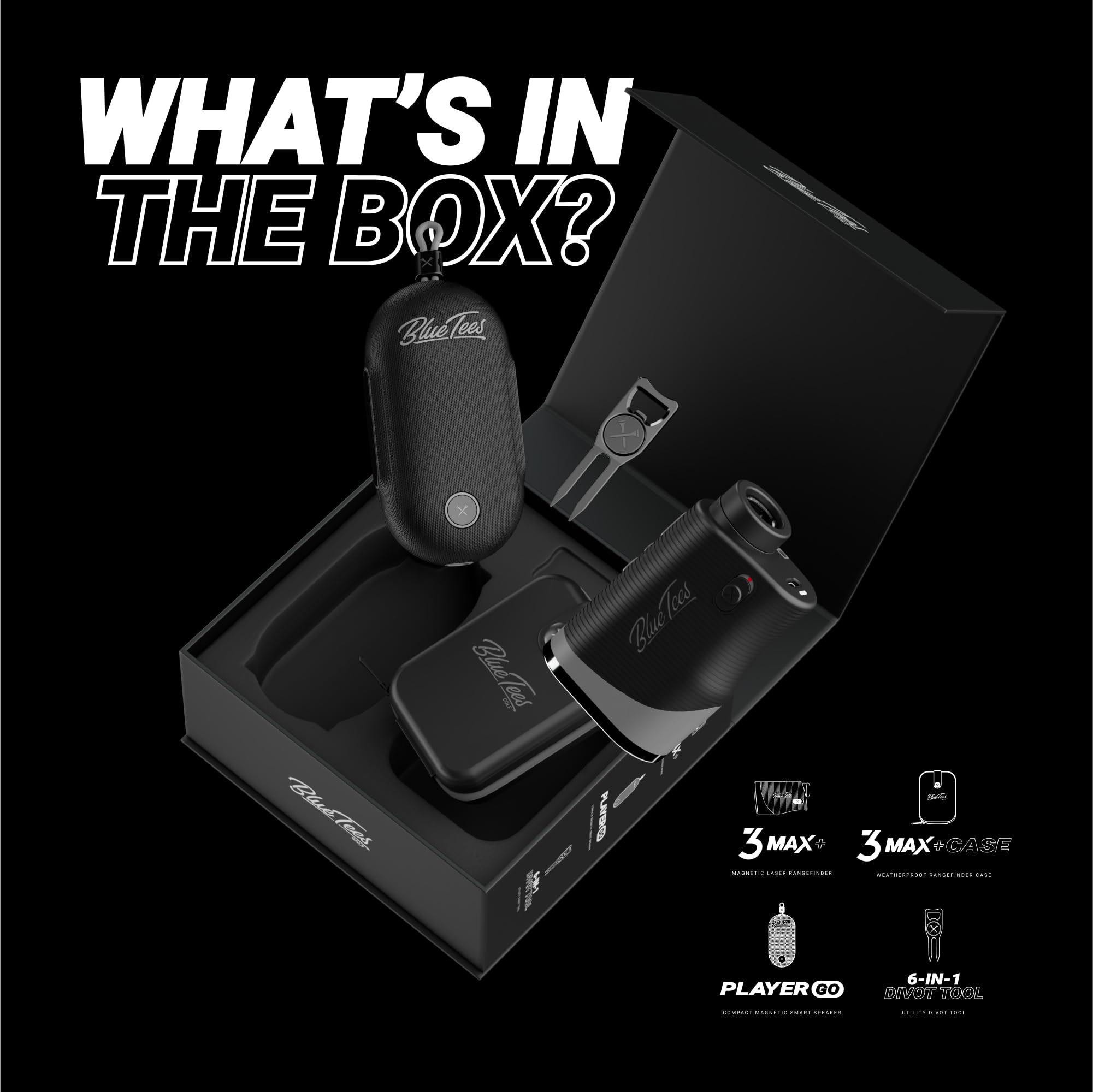 Blue Tees Golf Player Pack Go Bundle   Series 3 Max+ Rangefinder With Premium Case, The Player Go Gps Equipped Magnetic Speaker & Premium 6 In 1 Utility Divot Tool   The Complete Golf Bundle
