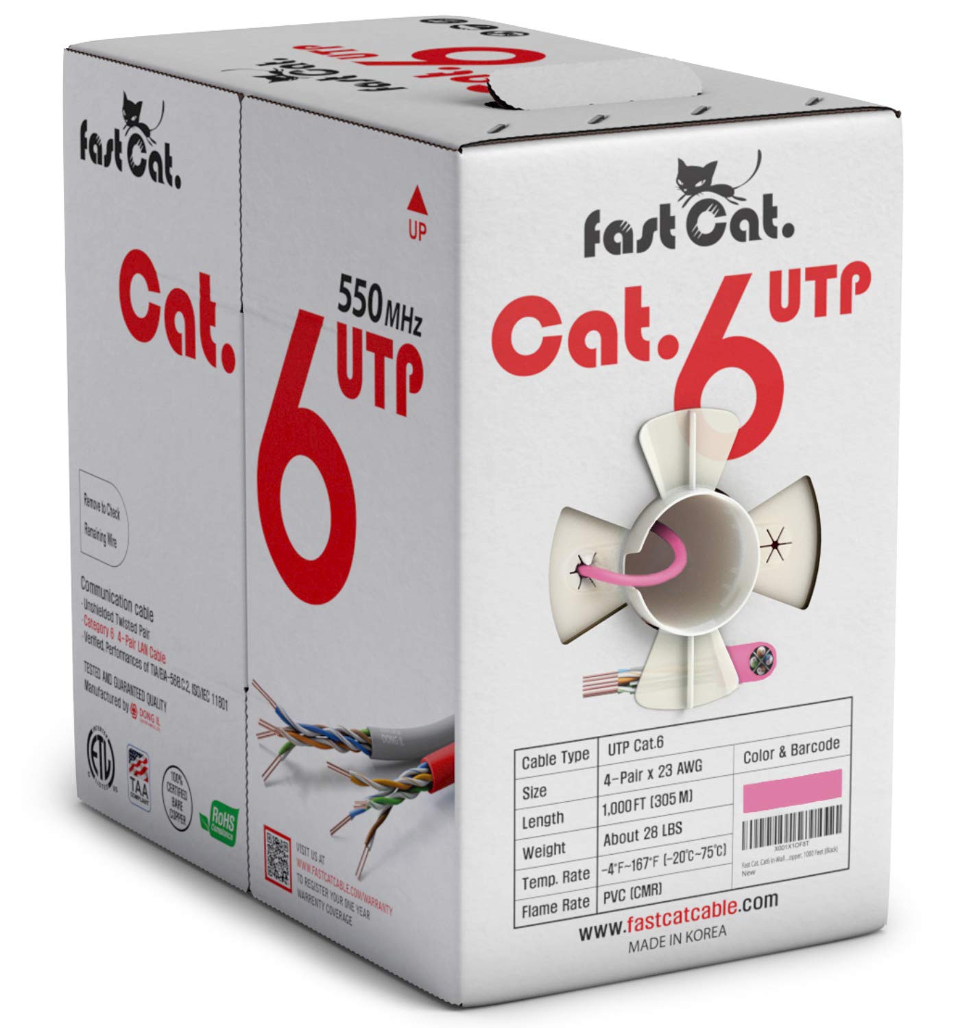 Fast Cat. Cat6 Ethernet Cable 1000Ft   23 Awg, Cmr, Insulated Solid Bare Copper Wire Cat 6 Cable With Noise Reducing Cross Separator   550Mhz / 10 Gigabit Speed Utp Lan Cat6 Cable 1000Ft   Cmr (Pink)