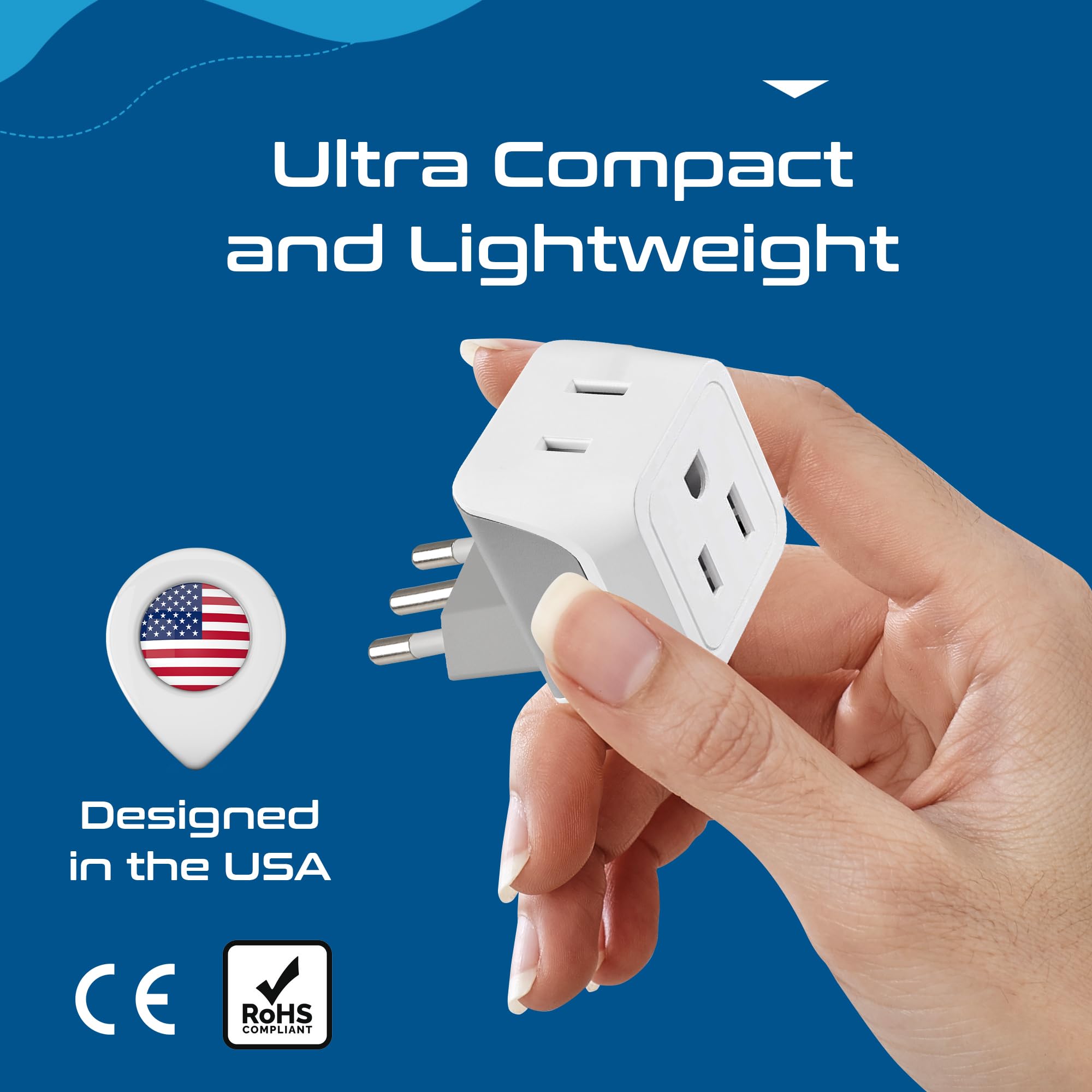Ceptics Italy Travel Plug Adapter, Chile Plug Adapter With Dual Usa Input, Compact Type L Plug Adapter, Safe Grounded Plug, Perf