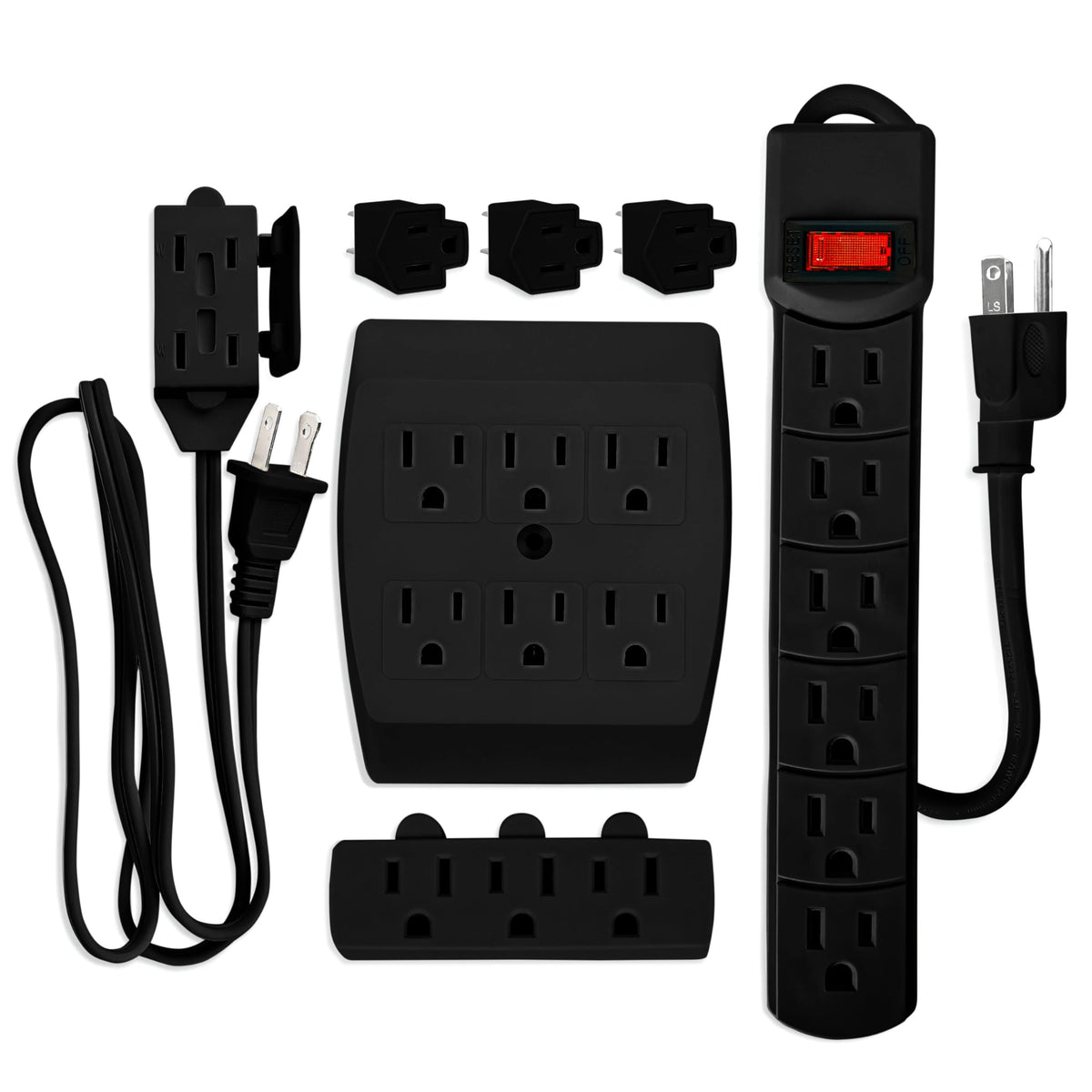 7 Piece Power Value Pack Multi Outlet Kit Set Includes 6 Outlet Power Strip, 6 Outlet Extender, 3 Outlet Extender, 5 Ft Indoor E
