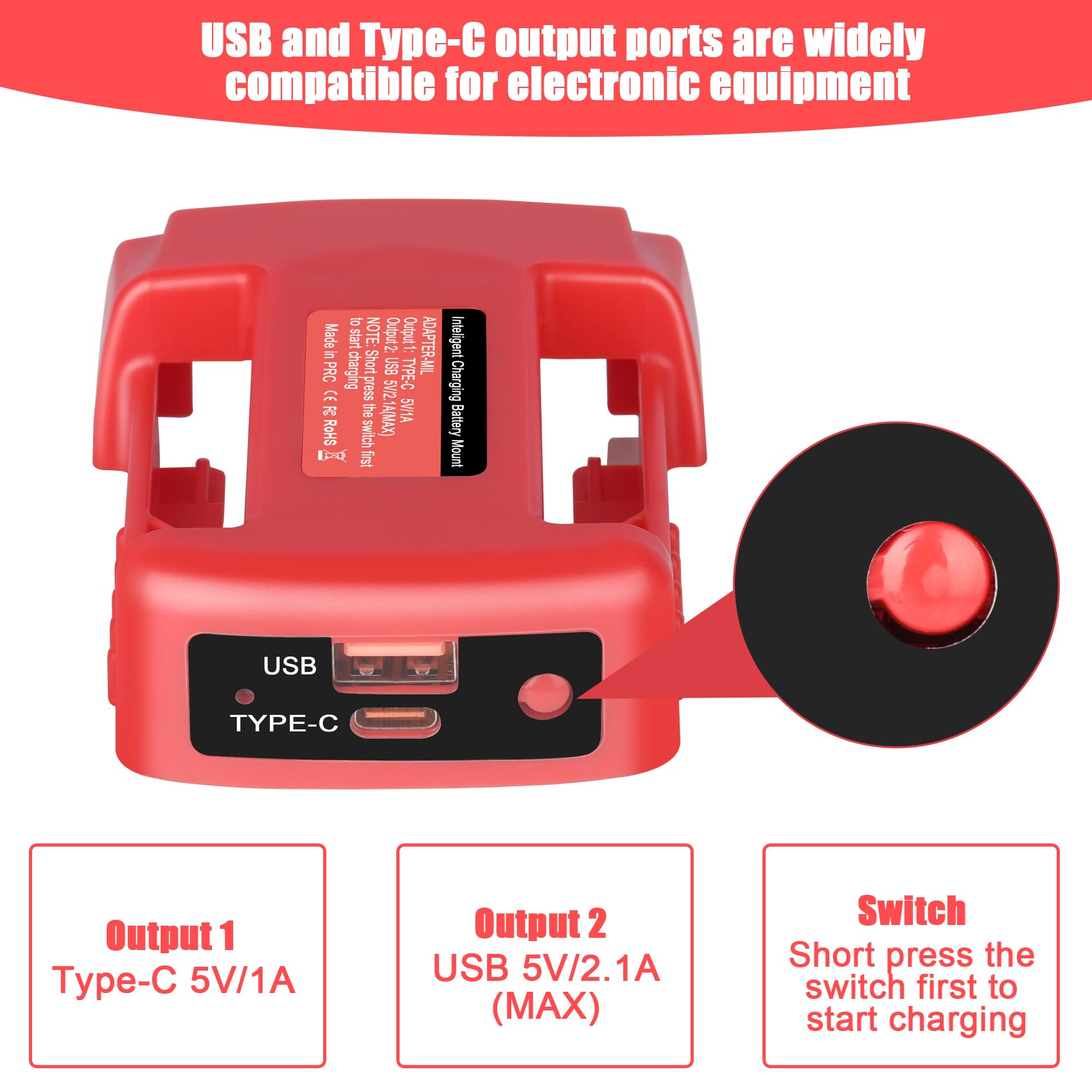 Kunlun 2 Pack Usb Charger Adapter Compatible For Milwaukee M18 18V Battery, Dual Output Port With Usb And Type C Charging Interf