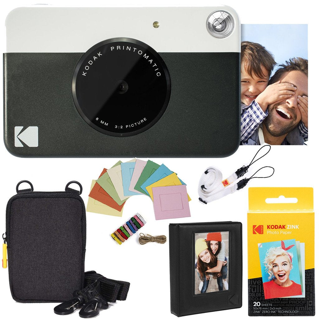 Kodak Printomatic Instant Camera Bundle (Black) Zink Paper (20 Sheets)  Case  Photo Album  Hanging Frames.
