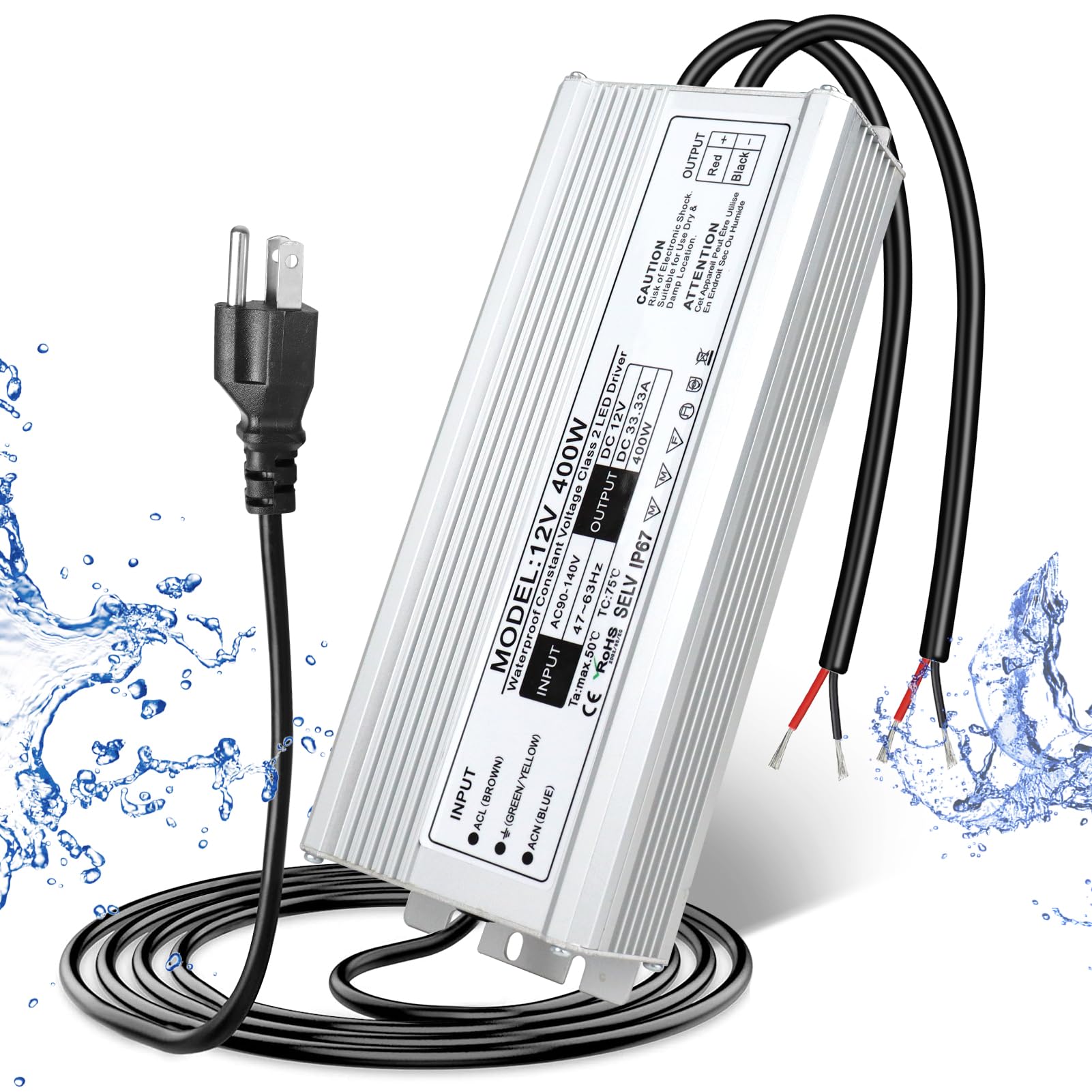 Led Driver 12V 400W, Waterproof Ip67 Led Power Supply, Ac 110V To Dc 12 Volt Low Voltage Transformer With 3 Prong Plug 3.3 Feet