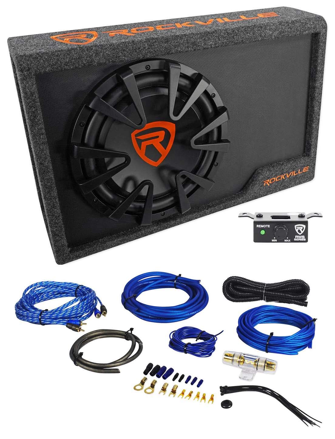 Rockville Rws12Ca Slim 1200 Watt 12'' Powered Car Subwoofer Enclosure + Wire Kit