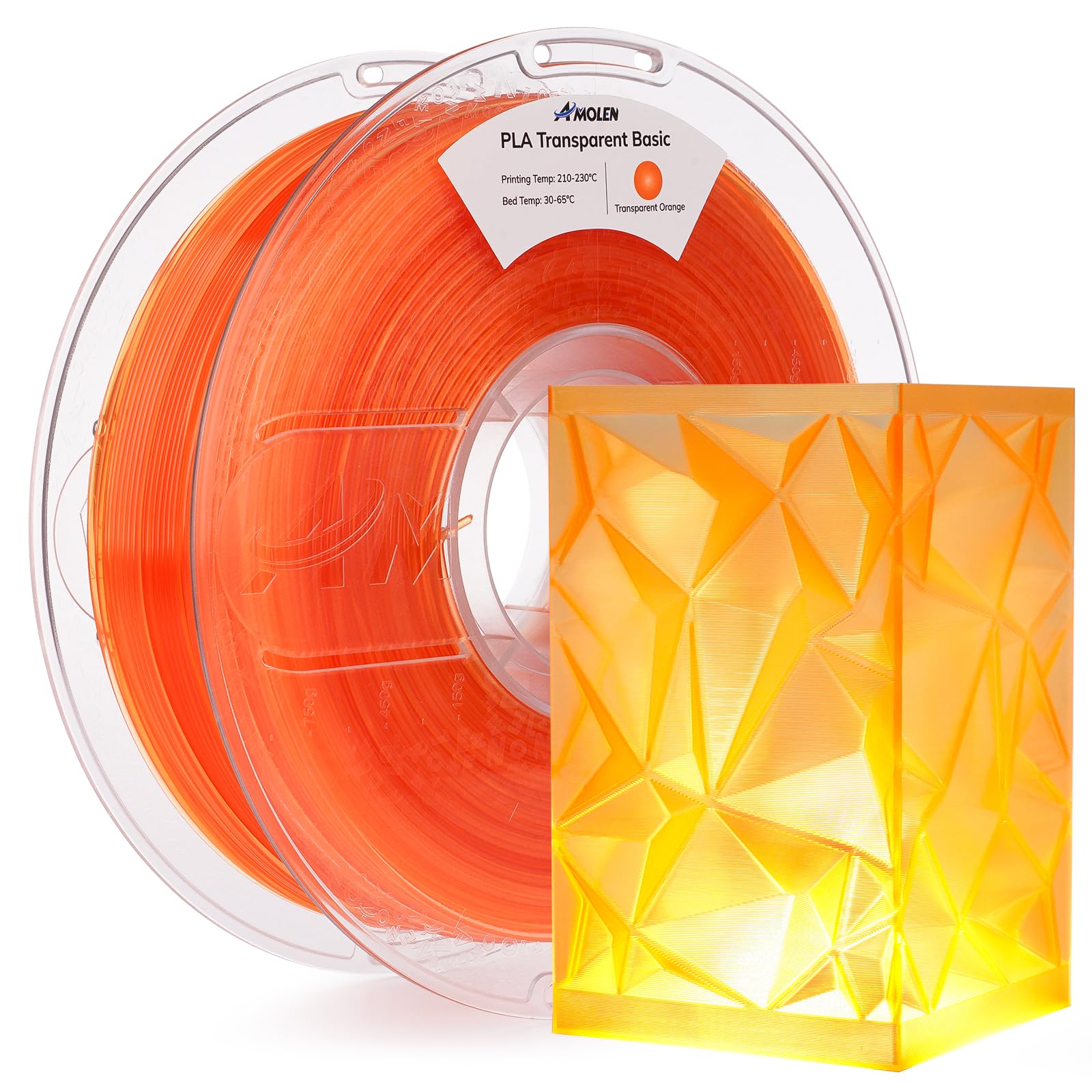 AMOLEN 3D Printer Filament Crystal PLA Transparent 1.75mm, Crystal Orange Clear Printing, Low Warping & No-Bubbles, Dimensional 